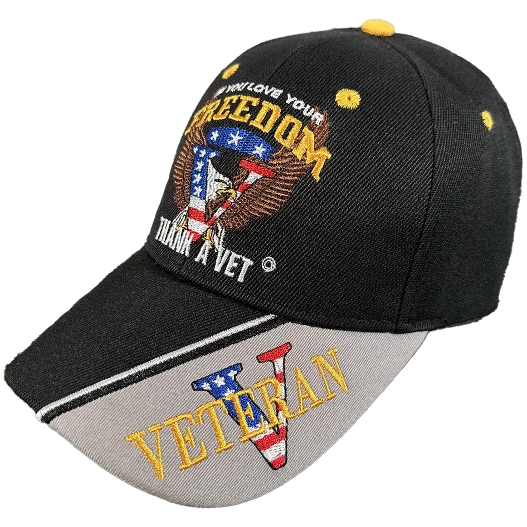 Patriotic Black Cap If you Love Your Freedom Thank Vet Bald Eagle American Flag, Multi, One Size