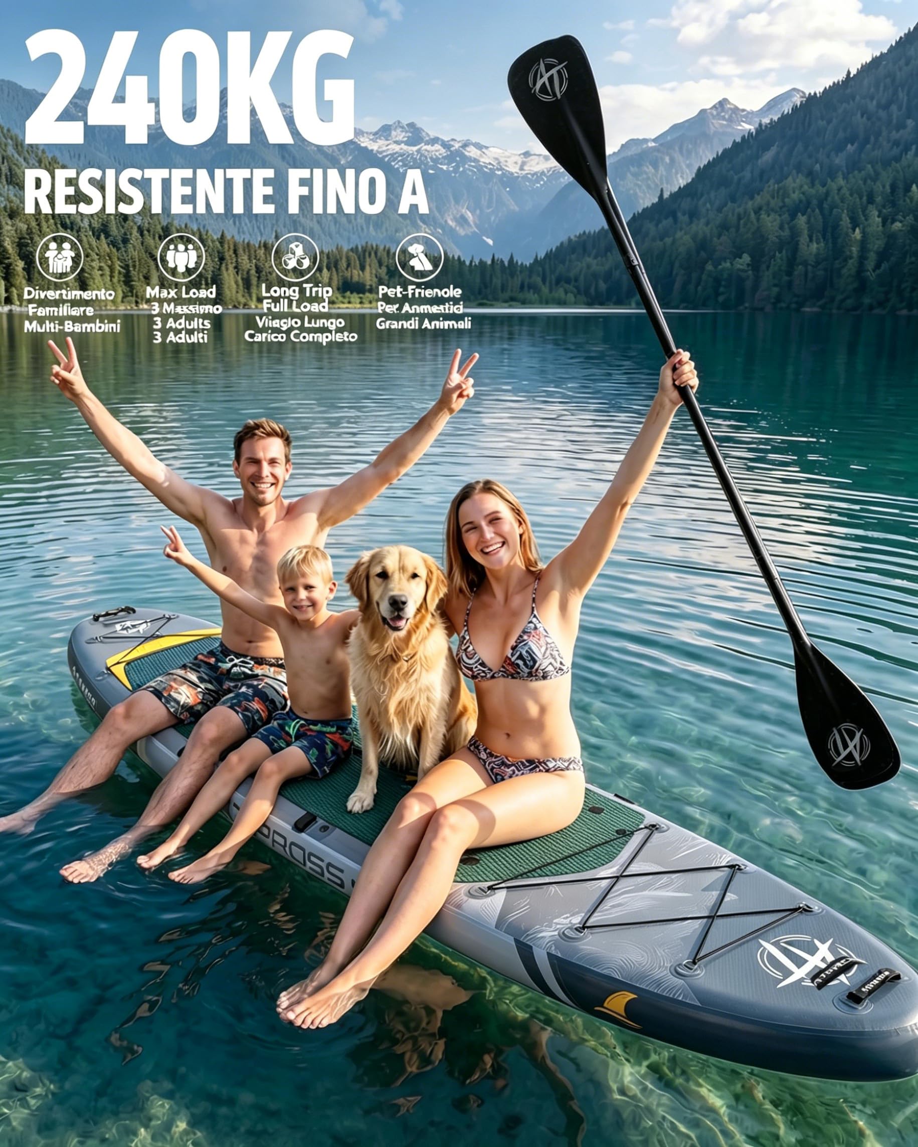 Tavola SUP Gonfiabile con Sedile Kayak e Accessori, 366x92cm Stand Up Paddle Extra Largo e Stabile, Portata 240kg, Canoa Gonfiabile 2 Posti per Yoga, Pesca e Surf