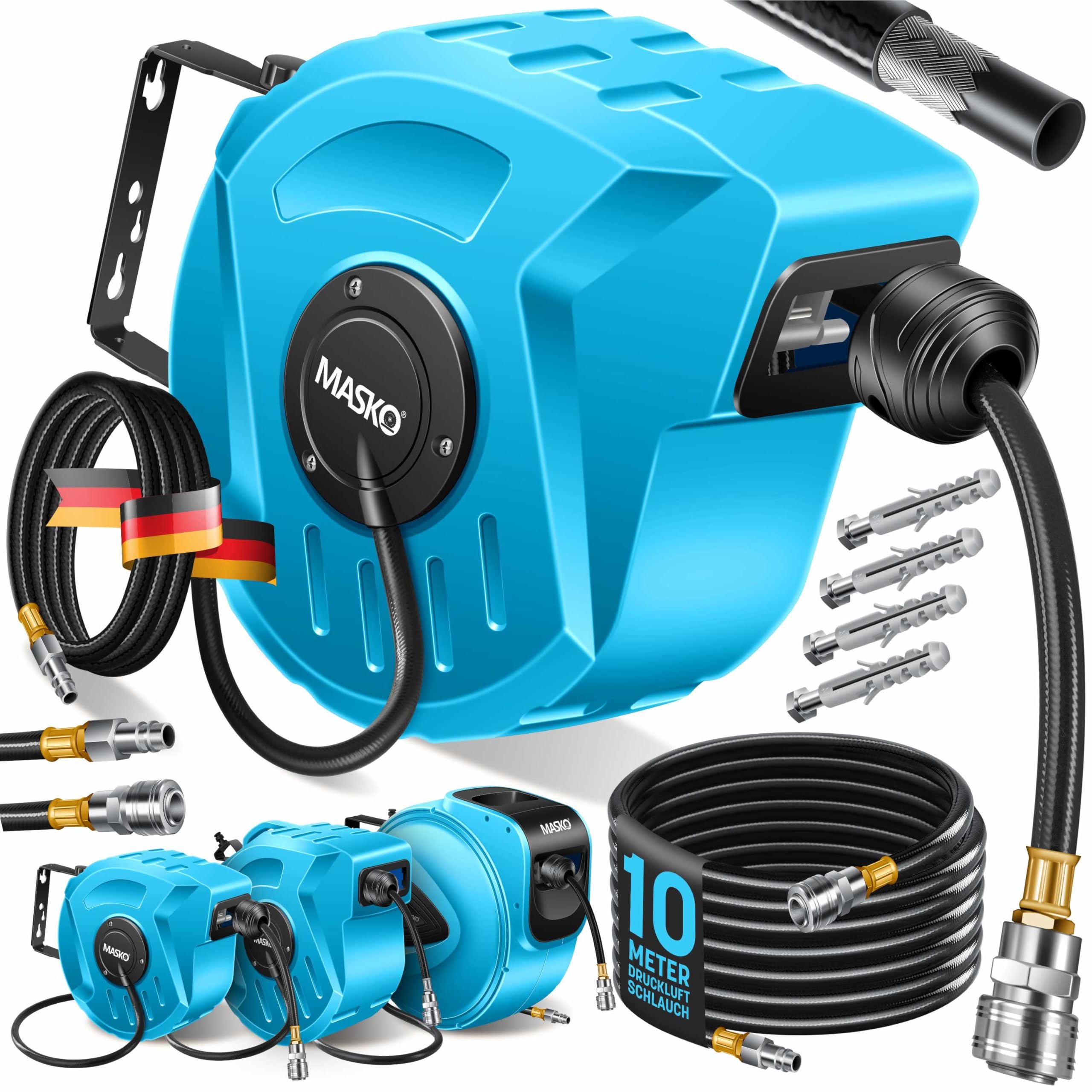 MASKO® Automatik Druckluftschlauch Aufroller 10m – Schlauchtrommel mit 1/4" Anschluss, Schlauchaufroller, Wandhalterung, Tragegriff, 180° schwenkbar, Schlauchbremse, vormontiert/sofort einsatzbereit