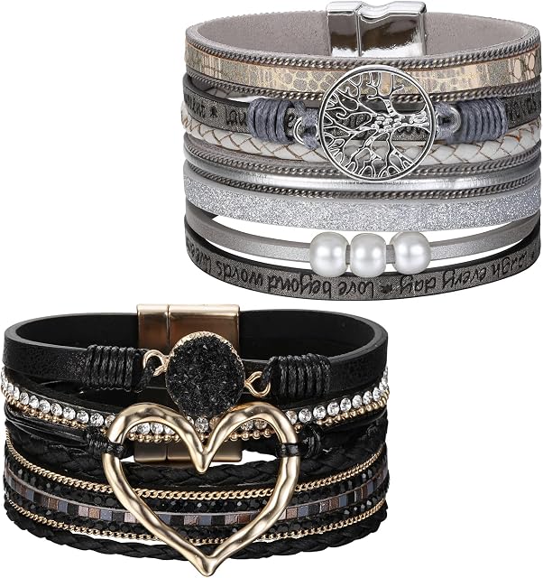 Diamday 2Pcs Multilayer Leather Bracelet Set for Women Girls Bohemian Wrap Bracelet Heart Wrist Cuff Rhinenstone Bangles Wristband Jewelry Gift with Magnetic Clasp