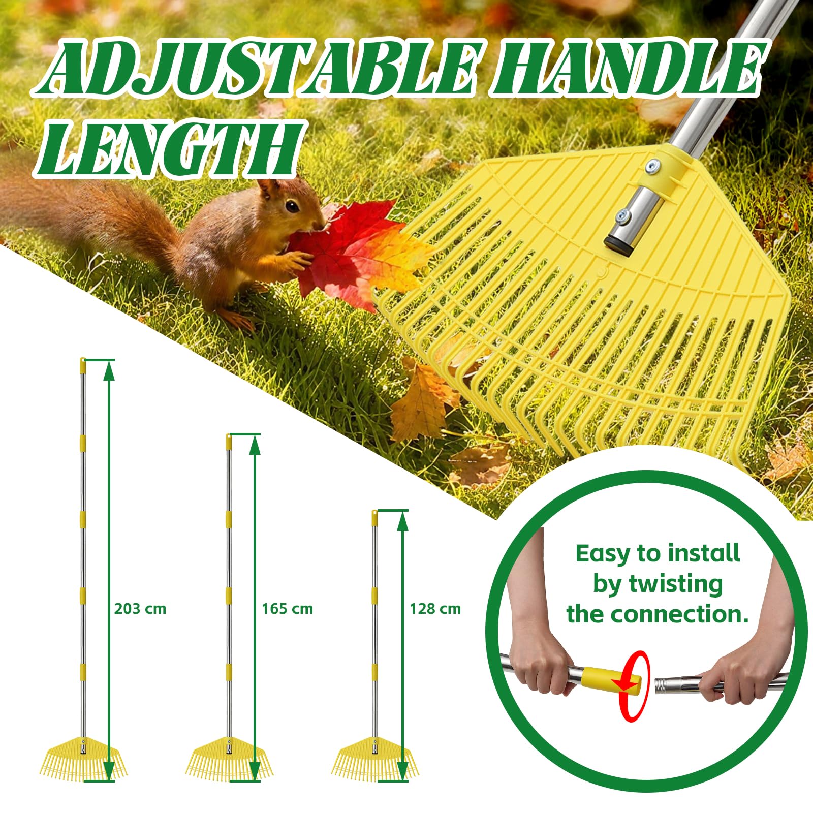 Râteau de jardin extra large de 42 cm, long manche léger pour femmes, personnes âgées, enfants, nettoyage sans effort, 23 dents flexibles pour la pelouse, râteaux réglables en plastique de 165 cm pour