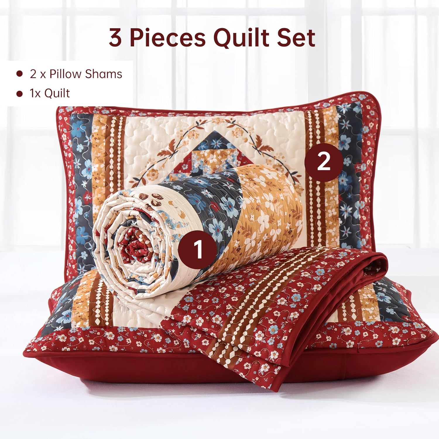 Dobuyly Queen Quilt Set,Floral Patchwork Bedspreads Queen Size,Red Summer Vintage Lightweight Coverlet Set for Queen Bed for All Season96 x90