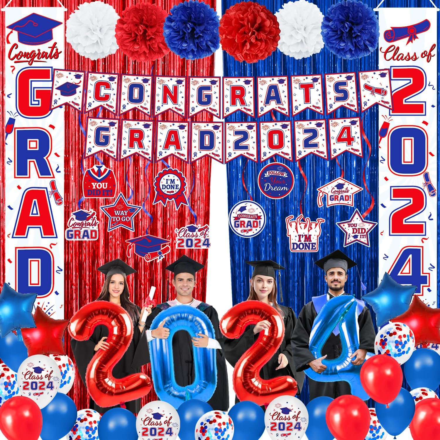Graduation Party Decorations Red and Blue 2024 Graduation Party Supplies Include Banner, Hanging Swirls, Porch Sign, Foil Fringe Curtain, Paper Pompoms, Balloons for Congrats Grad Party Decorations