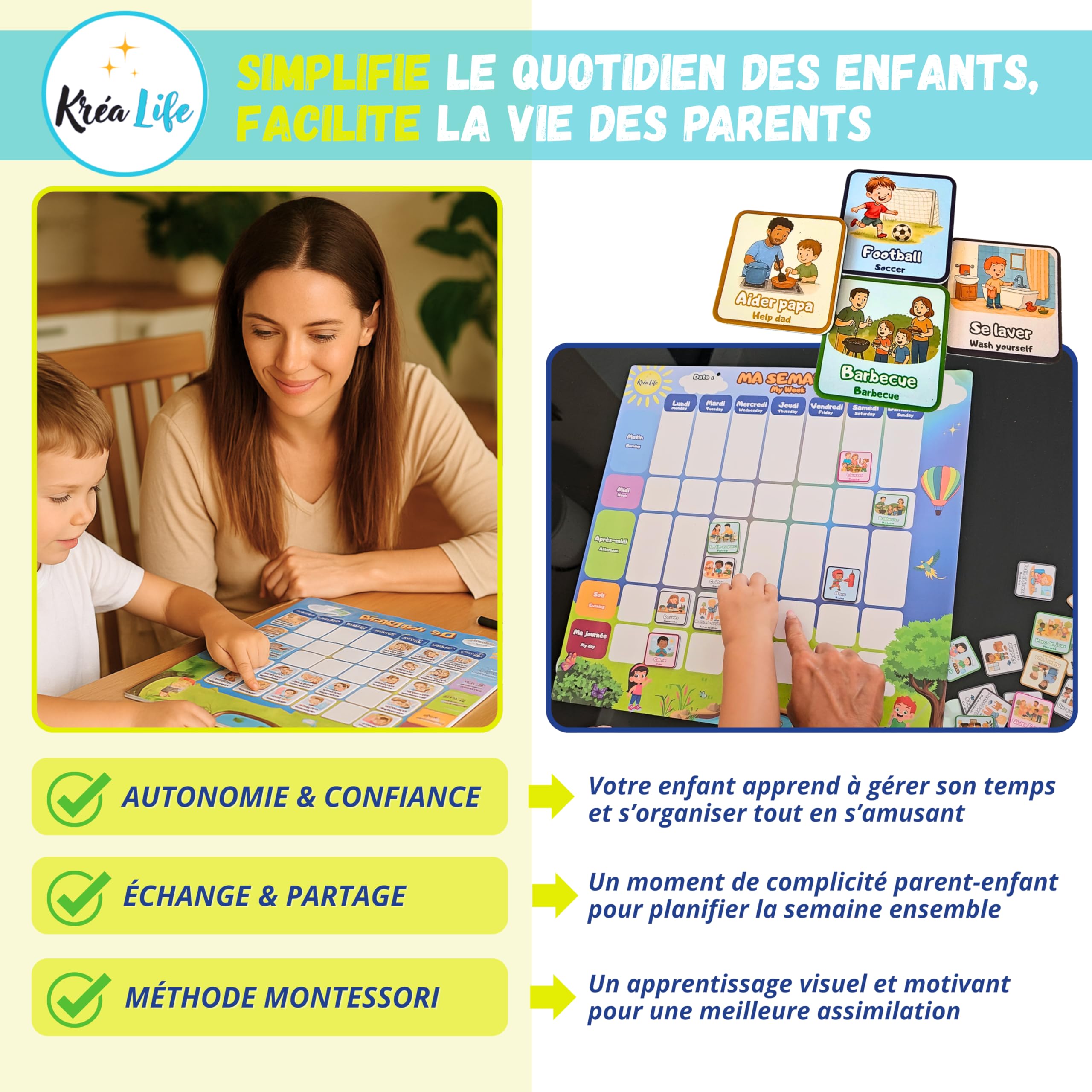 KréaLife® Planning Semaine Enfant Tableau Magnétique 40x40 cm +220 Aimants Colorés Éducatif Bilingue FR/EN