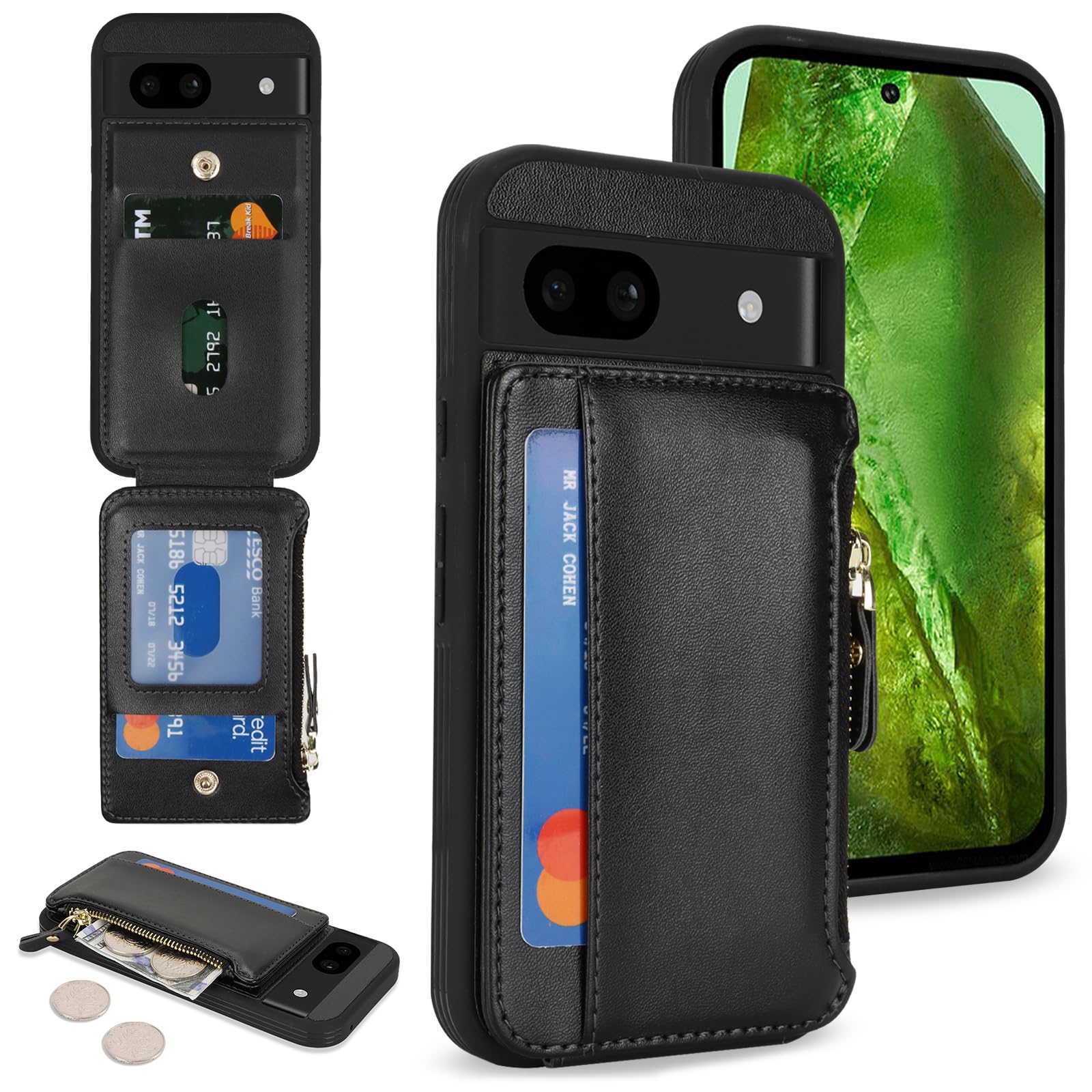 – Mobile Phone Case for Google Pixel 8a with Card Slot, Card Holder and Zip Wallet - Black