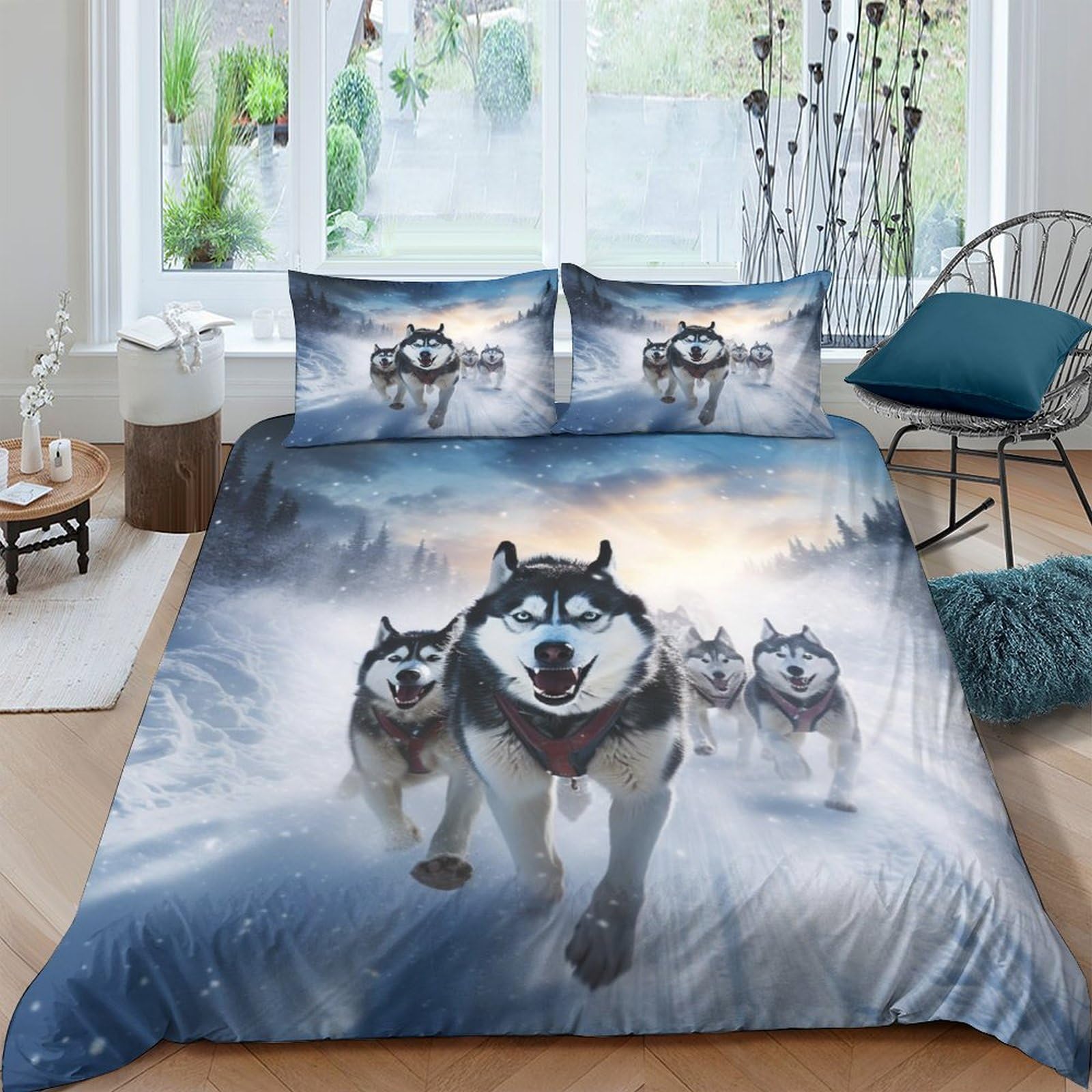 Parure de couette chiens de traîneau microfibre lit 2 personnes 220x240 taie oreiller zippée
