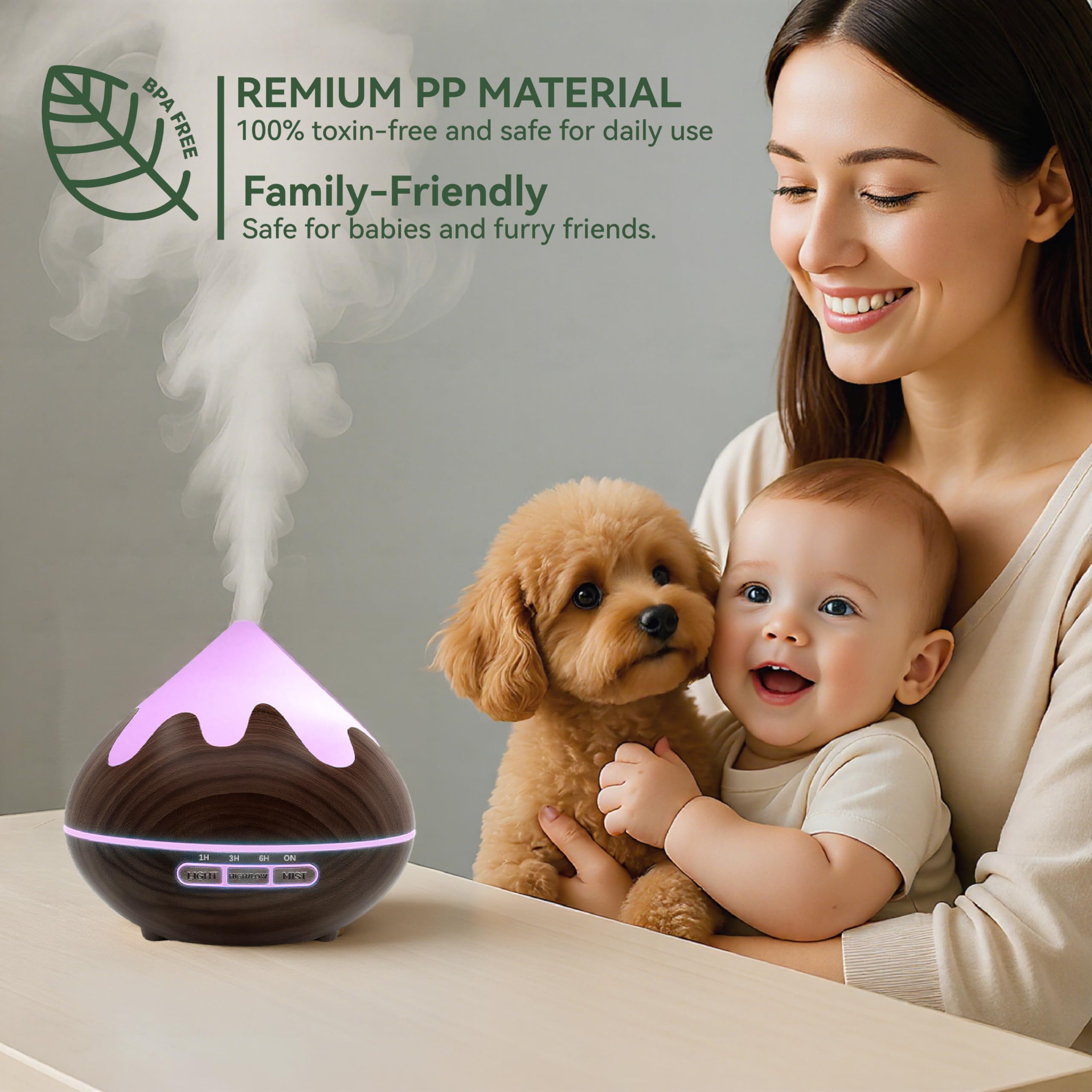 Diffusore di Oli Essenziali, 500ml aromatico a Grana di Legno, Ultrasuoni Aromaterapia con Luce Bianca Calda, Diffusore per Oli Essenziali Senza BPA, per Ufficio e Casa, Marrone Scuro