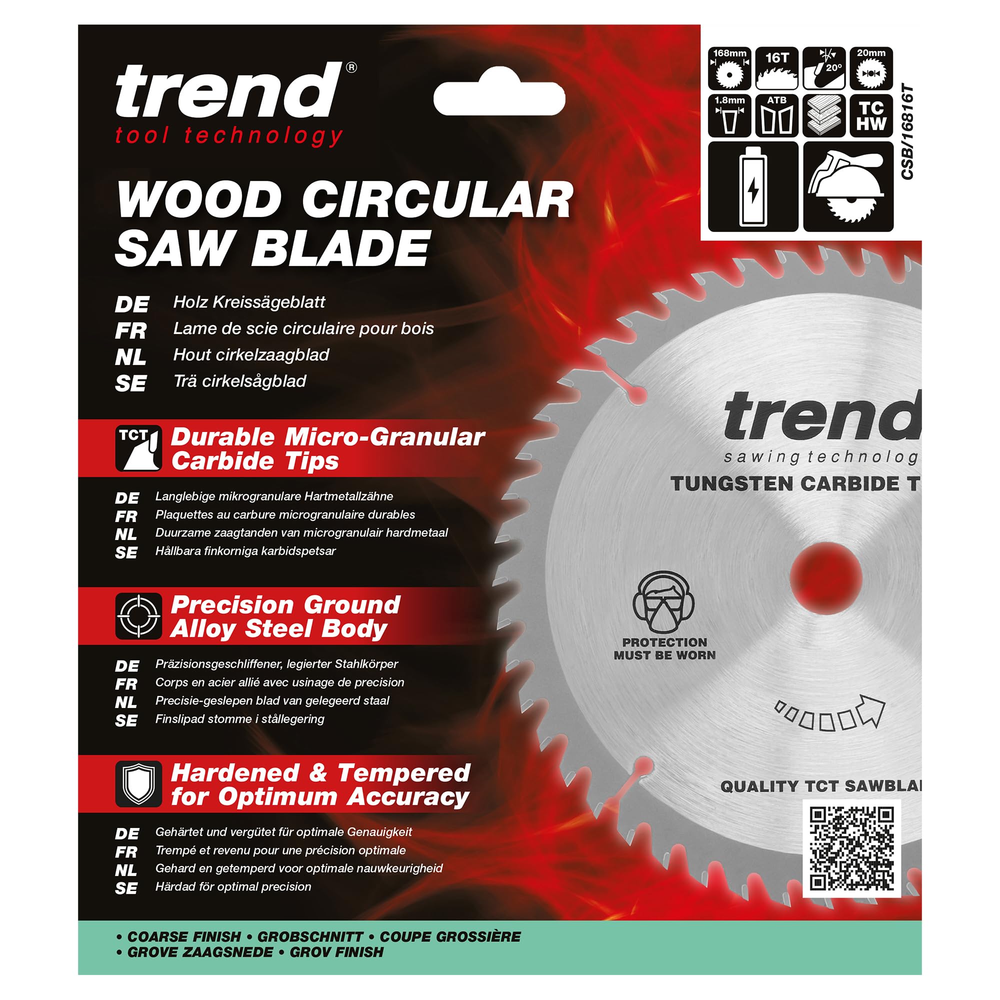 Trend Lame de scie circulaire sans fil Wood, diamètre 168 mm, alésage 20 mm, 16 dents, trait de scie 1,8 mm, crochet +20°, TCT, finition grossière, CSB/16816T