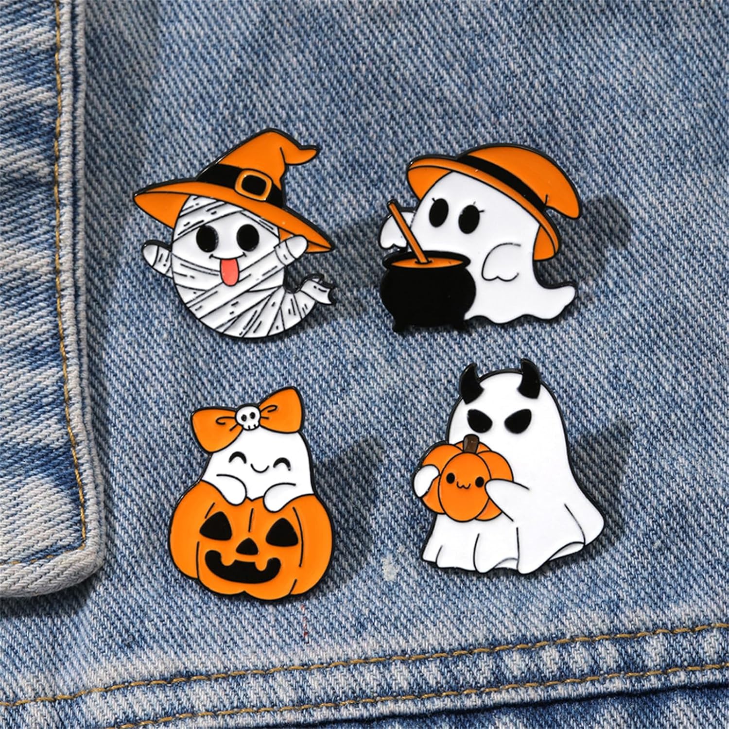 4 Pcs Cute Ghost Enamel Pins Set for Women Men Cartoon Spooky Skeleton Pins Goth Novelty Jacket Backpack Hat Clothes Decor Accessories Halloween Jewelry Gifts (Orange) image 5