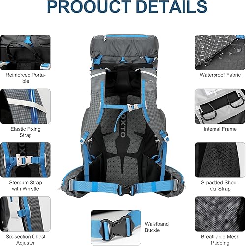 Miniatura 5 de IX INOXTO Mochila impermeable de 55 L con marco interno para senderismo y campamento con bolsa de agua de 3 litros y cubierta para lluvia, mochila