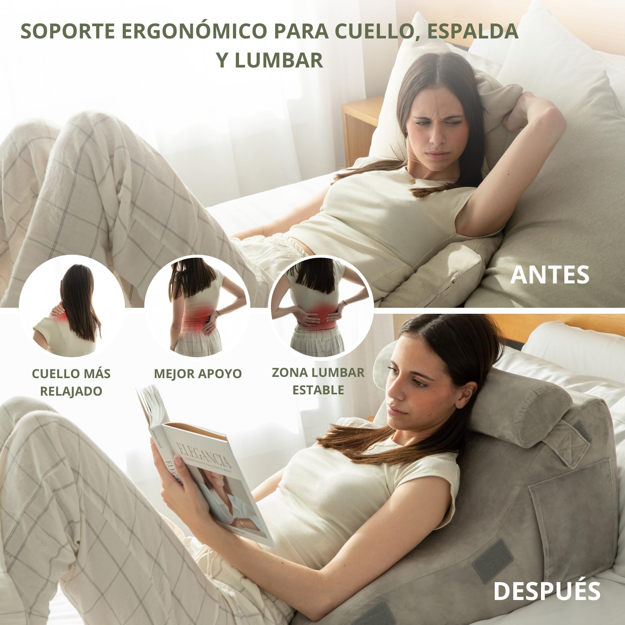 Almohada de Lectura y Cojin de Lectura para Cama y Sofá | Cuña Antireflujo Adulto Ergonómica – Cojín Respaldo Cama con Funda Lavable y Apoyo Espalda y Cuello