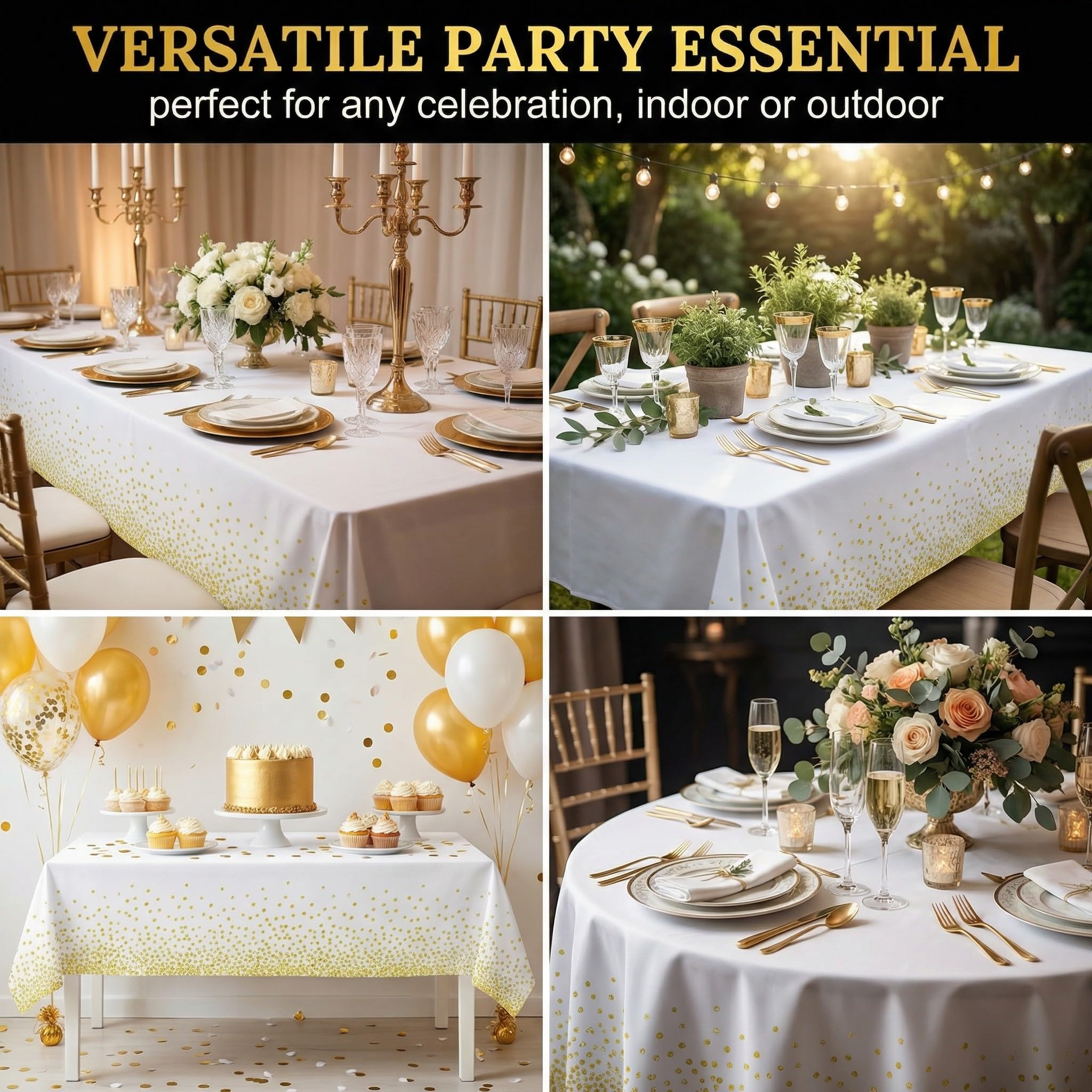 3 Pezzi Tovaglia Usa e Getta, Tovaglie Rettangolare a Pois Bianchi e Dorati per Matrimoni, Natale, Party, Picnic, Compleanno, battesimo(137 x 183 cm)