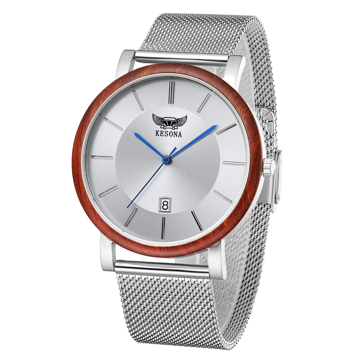 Mens Wood Wrist Watch - Classic Collection Analog Watch - KESONA Wooden and Stainless Steel Watch (rood wood)