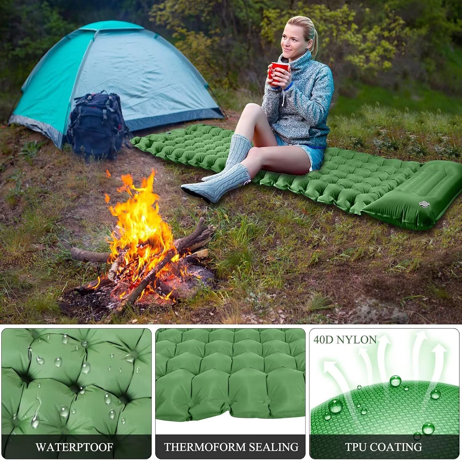 SWZEC Koziya Matelas Gonflable - Ultra Léger,Pompe et Oreiller intégrés, étanche, Convient pour la Tente, la Plage, Les Voyages
