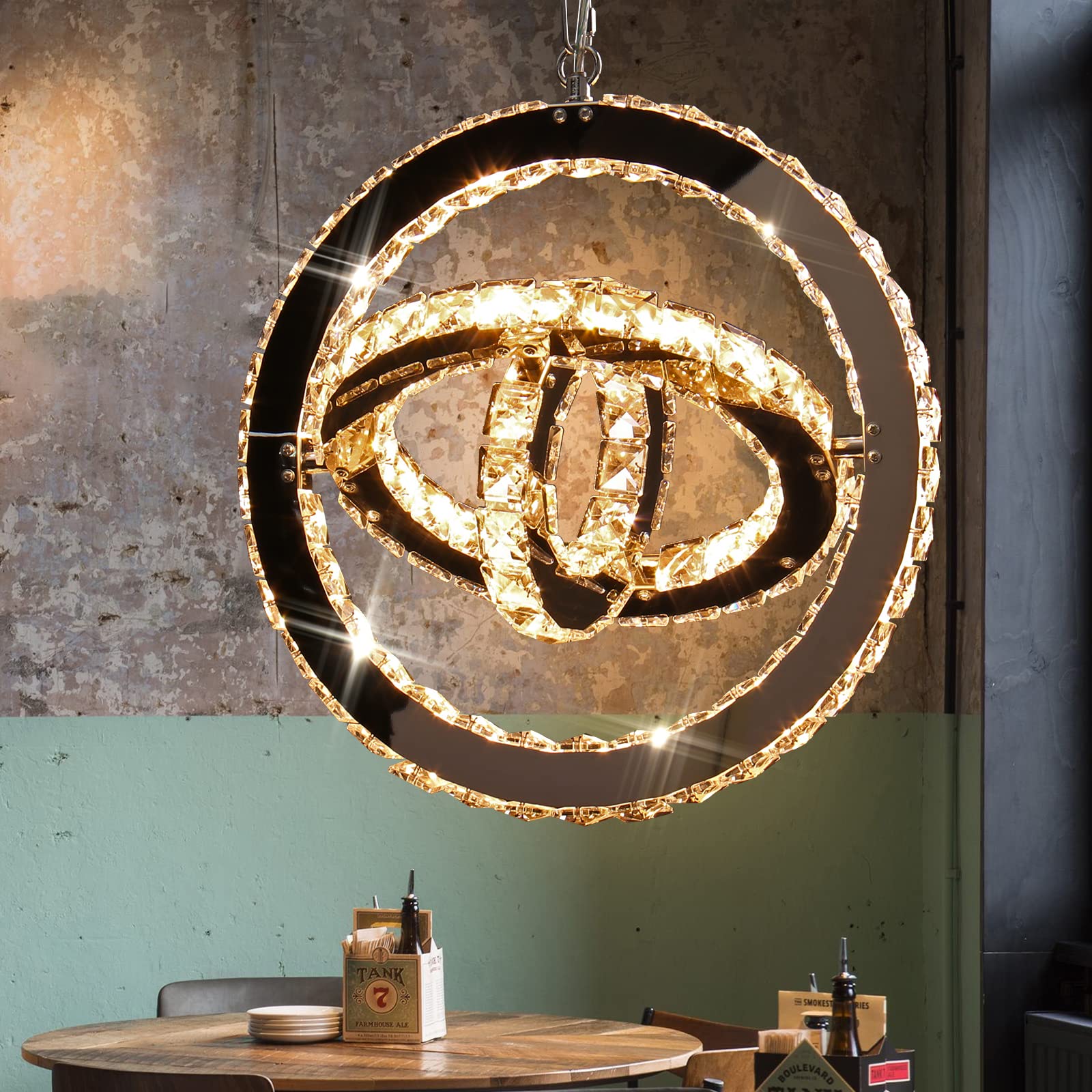 FRIXCHUR LED Pendant Chandeliers 3 Ring Rotating Modern Crystal Chandelier Adjustable Ceiling Light Fixture for Living Room Bedroom Kitchen Dining Room (3000K Warm Light)