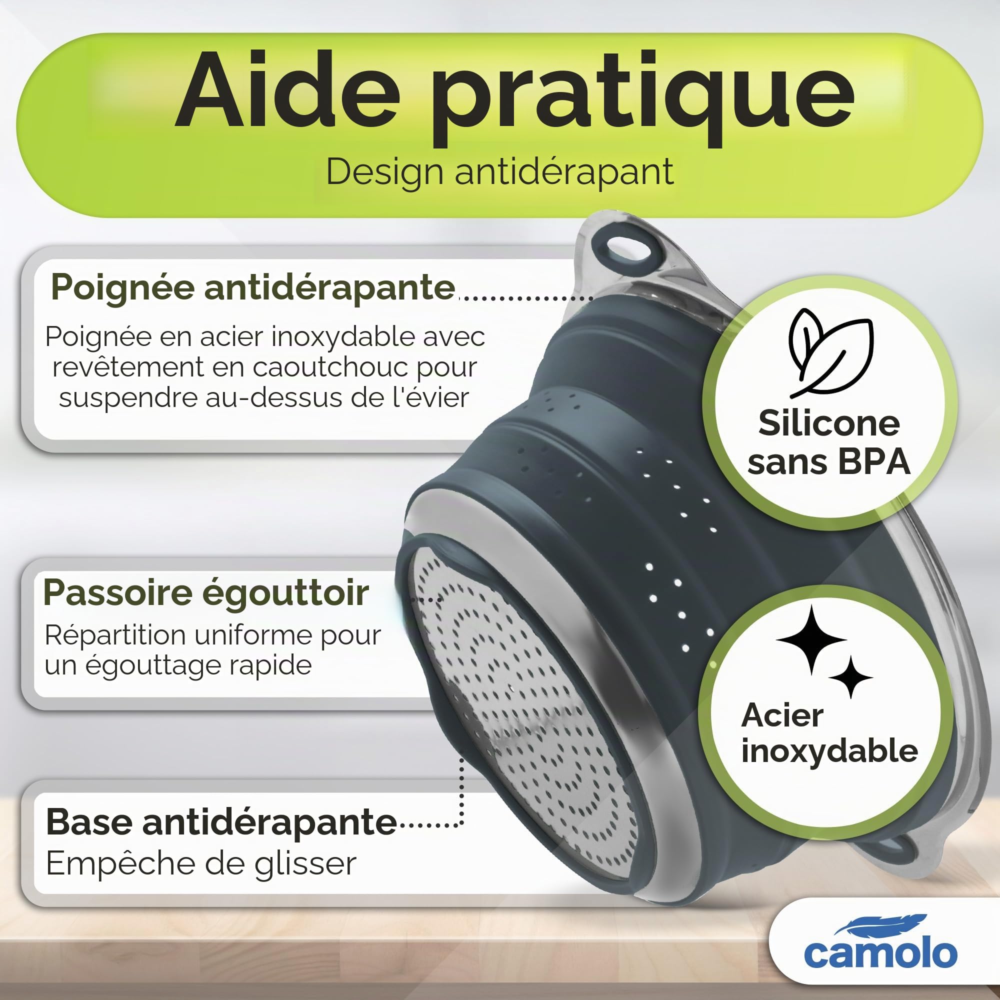 Passoire à pâtes en acier inoxydable et silicone - Pliable - Résistant à la chaleur et peu encombrant - Gris