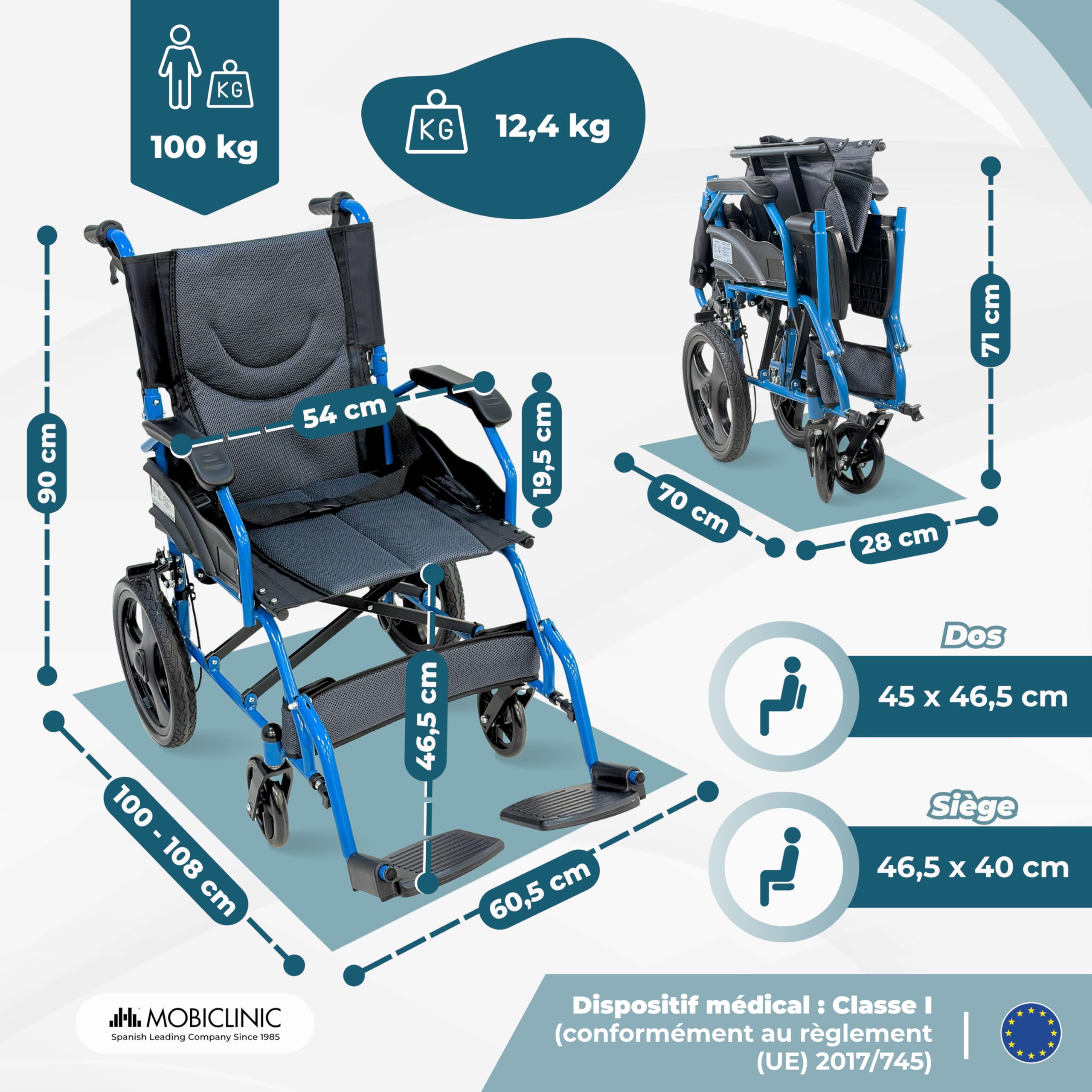 Mobiclinic®, Fauteuil Roulant Pliant Léger, de Transfert, Dossier Rabattable, Repose-Pieds Rabattables, Double Système de Freinage, Acier Renforcé, Jusqu'à 100 kg, Léger et Compact, Faraón