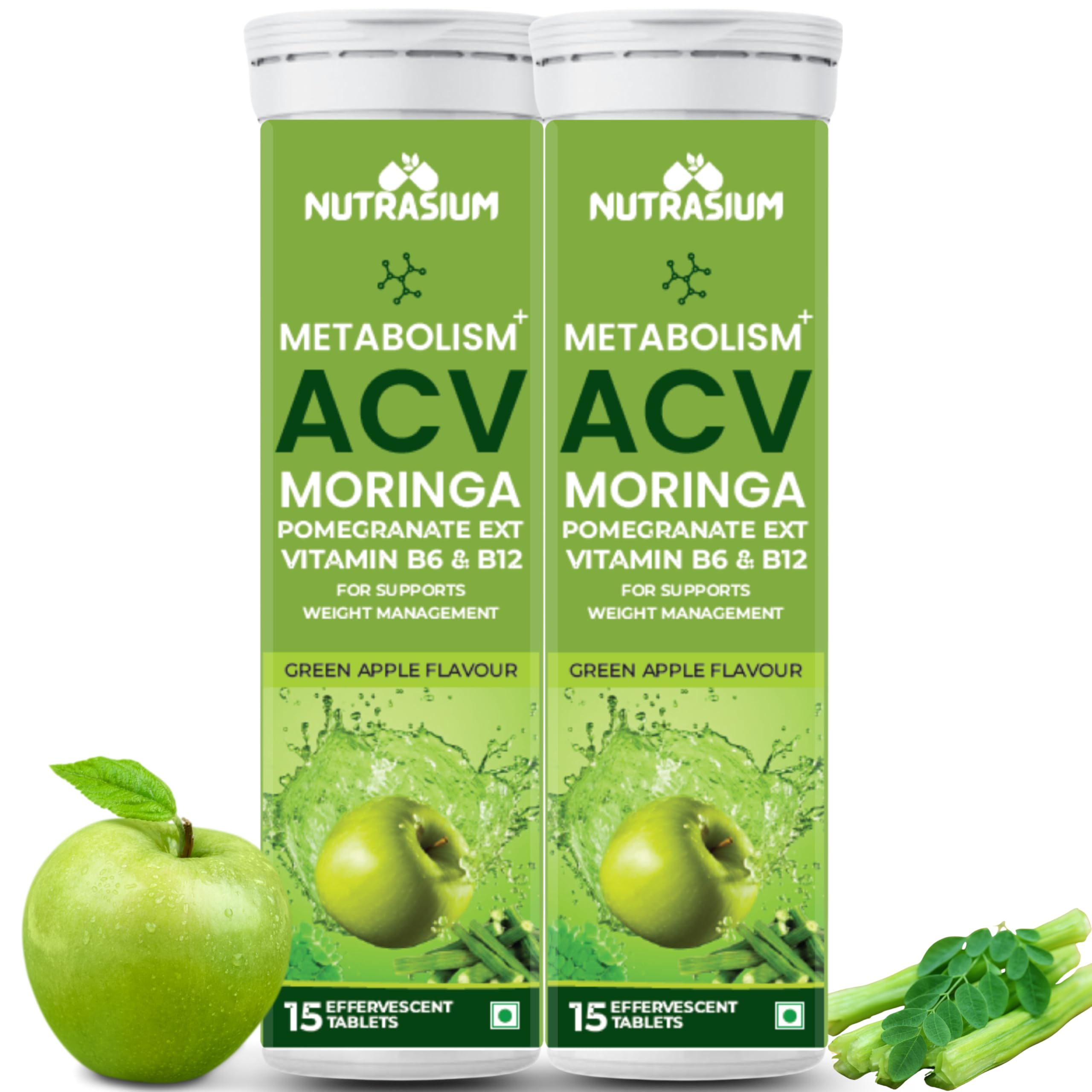 Nutrasium ACV Moringa Metabolism Plus | For Supports Weight Loss, Control Cravings, Convert Fat Into Energy, Boost Energy & Immunity | 30 Tablet Pack of 2 X 15