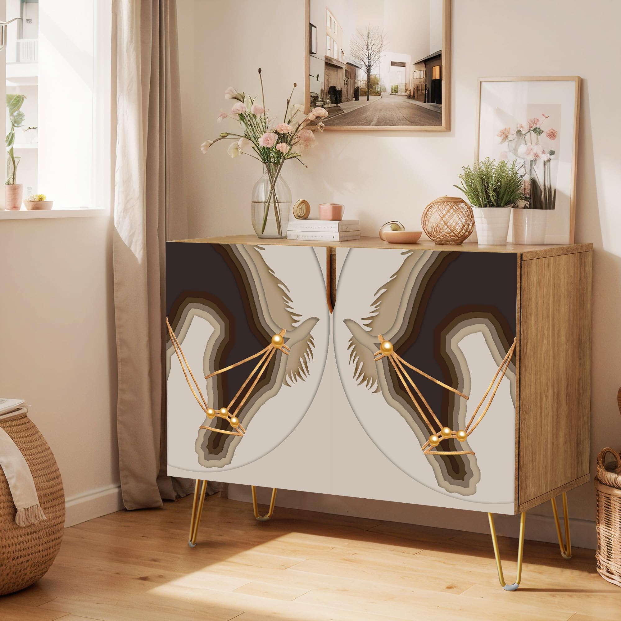 SIGNWIN Sideboard Buffet Cabinet, Kitchen Storage Cabinet with 2 Doors, Gold & Brown Bridle Horse Pattern, Cupboard Console Table for Dining Room - 35