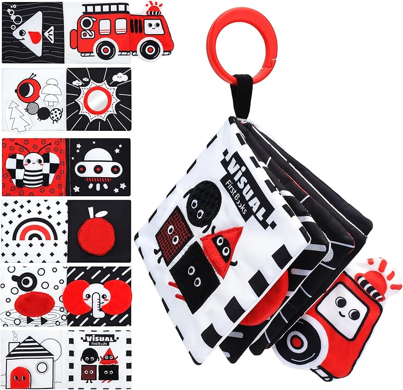 High Contrast Baby Toys, Crinkle Books, First Shapes | Black & White 6-Page Soft Crinkle Cloth Book, Gift Box Included, Visual Stimulation Sensory Toy, 0-12 Months, Fits Strollers