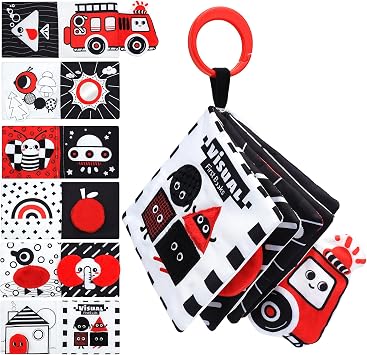 High Contrast Baby Toys, Premium 6-Page Soft Crinkle Cloth Book with Gift Box, Black White Visual Stimulation Sensory Toy for 0-12 Months, Stroller First Shapes