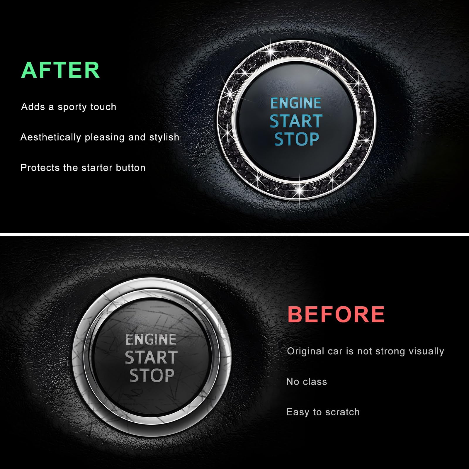 Car Bling Engine Start Ring Decals, Crystal Rhinestone Push Start Button Decorative Ring, Universal Sparkling Key Ignition Knob Cover for Women Girls, Car Accessories (Black) - 4