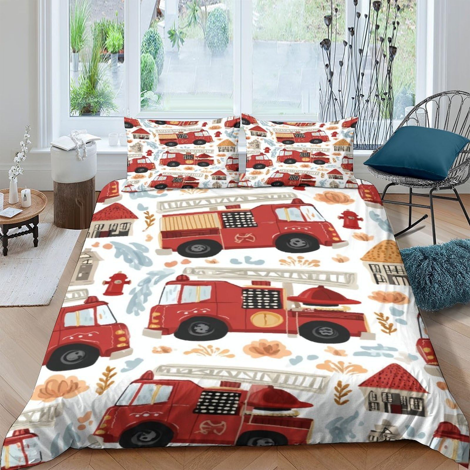 Ctjqhvkz Style-10 3D Printed Fire Truck Fitted Sheet Microfiber Soft Red Cartoon Mattress Cover For Kids Bedroom Dorm Decorative Single（135X200cm）