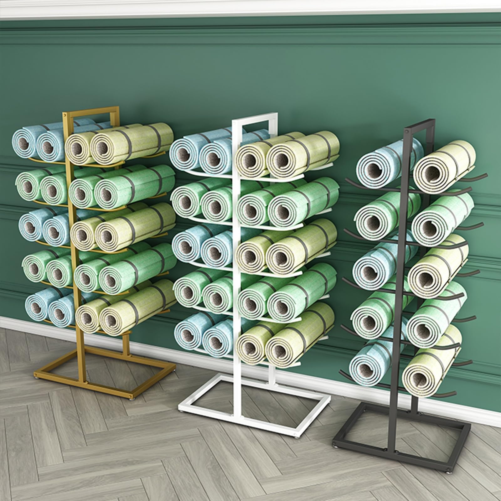 Organizador de esterillas de yoga de 5 niveles con ganchos: almacenamiento que ahorra espacio para rodillos de espuma, cuerdas para saltar, bandas de resistencia y correas elásticas. Estante compact