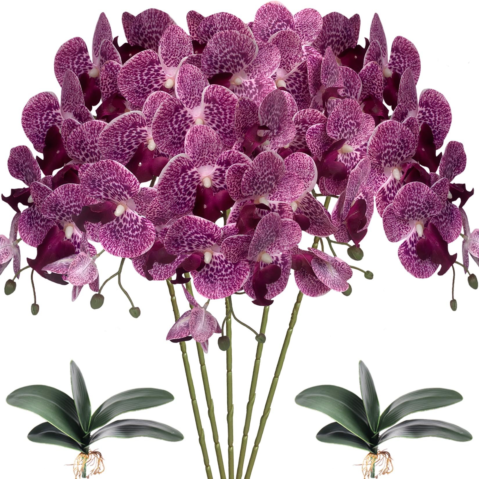 HinyoCo 5 Pcs Artificial Phalaenopsis Flowers and 2 Bundles Leaves,Artificial Orchid Flowers with 2 Bundles Leaves Stem Plants for Home Wedding Decoration (Purple spots) — image 1