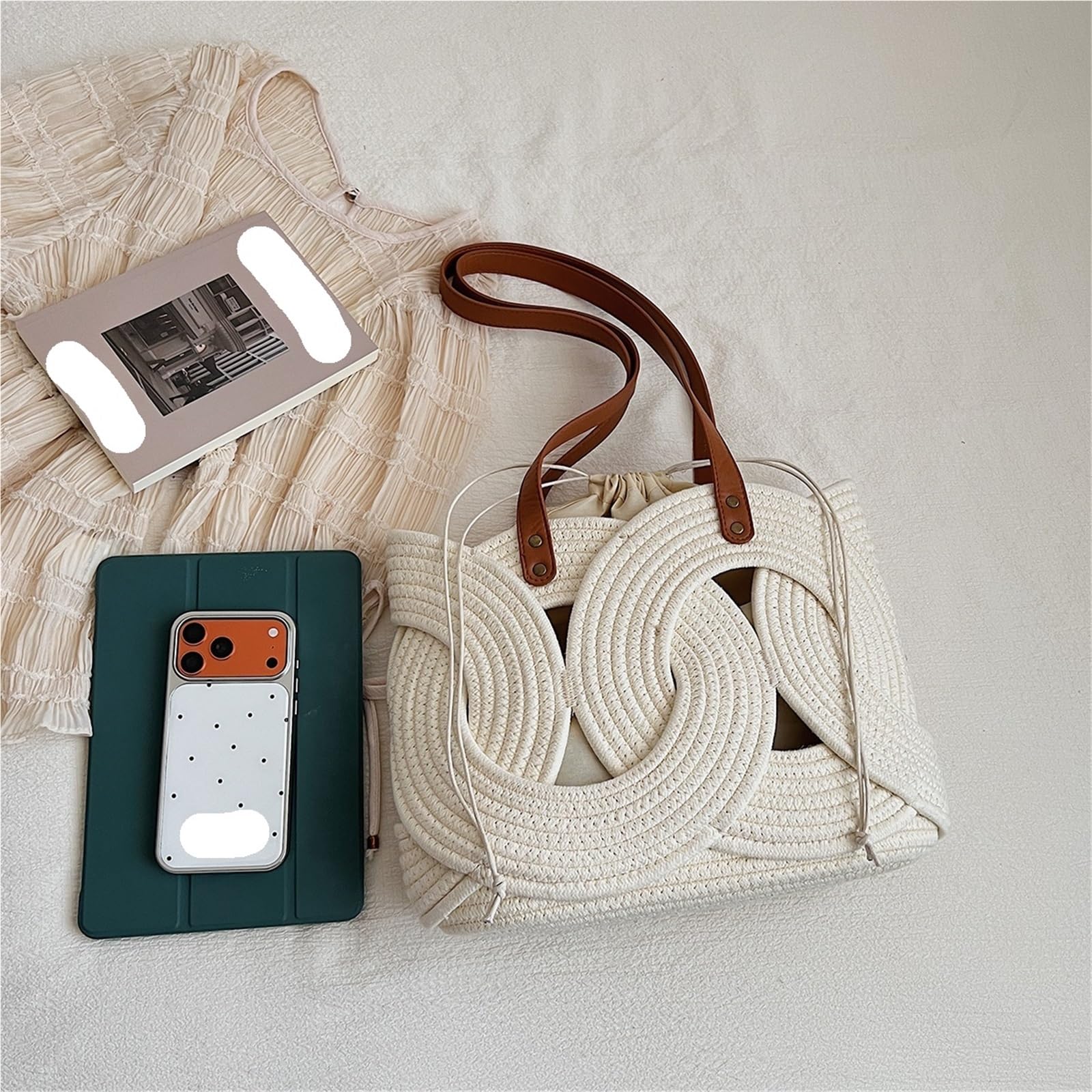 bolso mujer verano Bolsos de hombro geométricos for mujer, algodón y lino, gran capacidad, con cordón, bolso compras