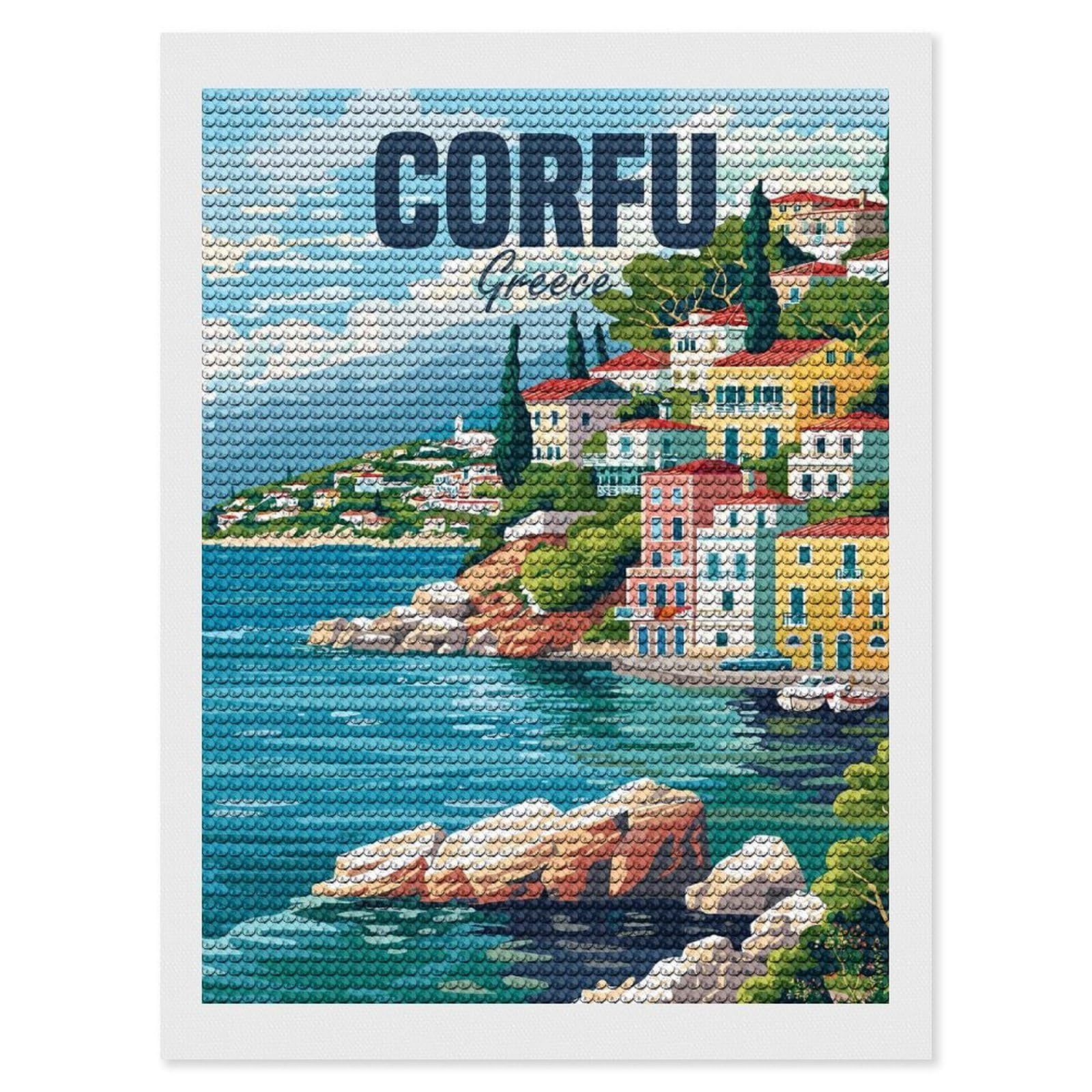 Junmoney Corfu Greece Island Diamond Painting Kit 12"x16", Easy Handmade Project, Cosy Home Accent, for Craft Lovers, Holiday Gift Idea