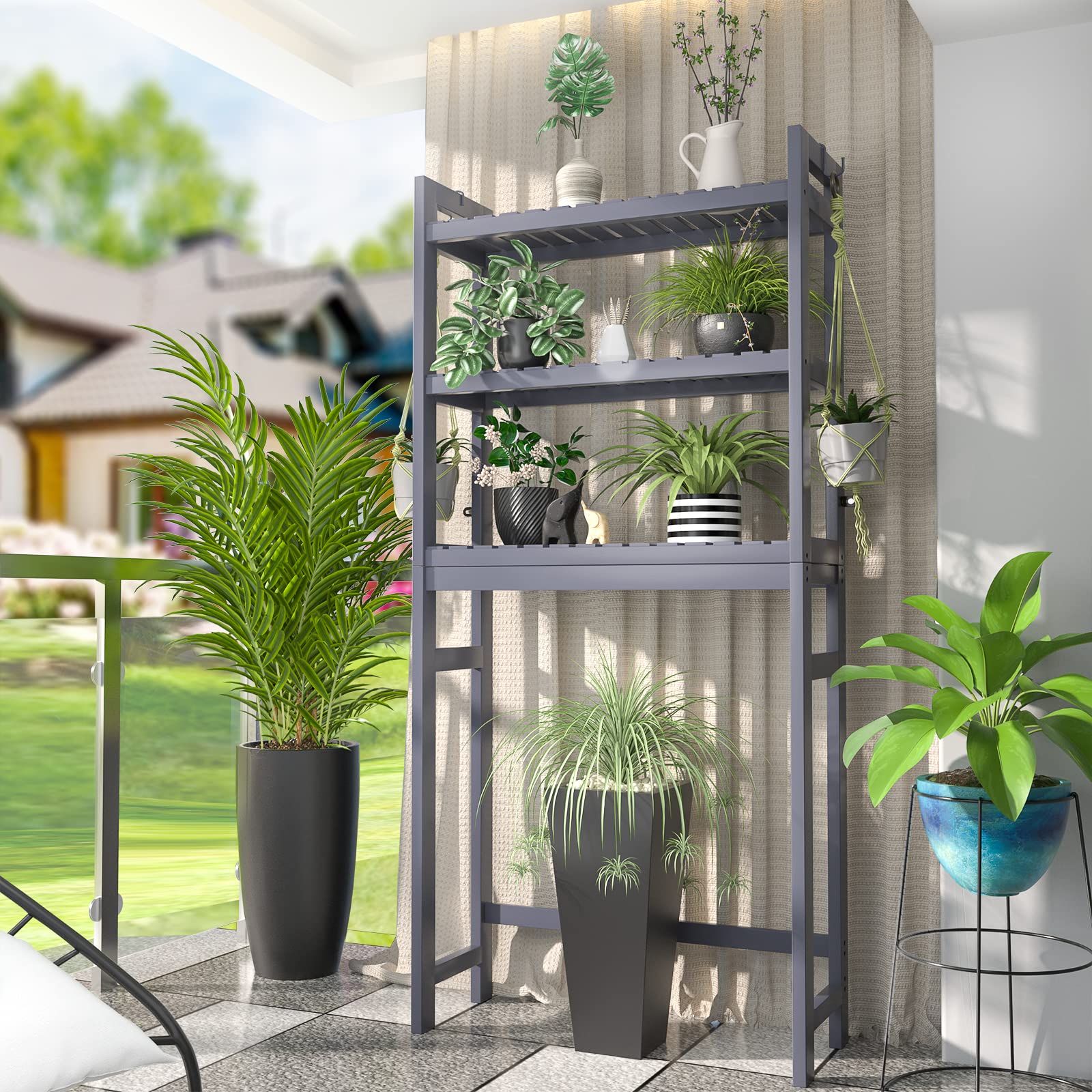 Homykic Over The Toilet Storage, Bamboo 3-Tier Over-The-Toilet Space Saver Shelf Organizer Rack, Stable Freestanding Above Toilet Stand with 3 Hooks for Bathroom, Restroom, Laundry, Blue Grey