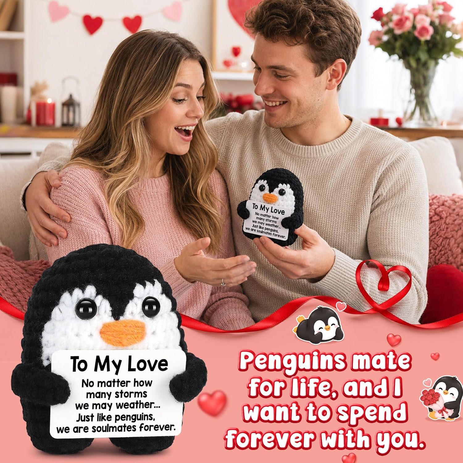 Gifts for Him Her Boyfriend Girlfriend, To My Love Handmade Crochet Mini Penguin Anniversary Birthday Gifts for Women Men, Romantic Valentines I Love You Gifts for Wife Husband Couples Christmas thumbnail