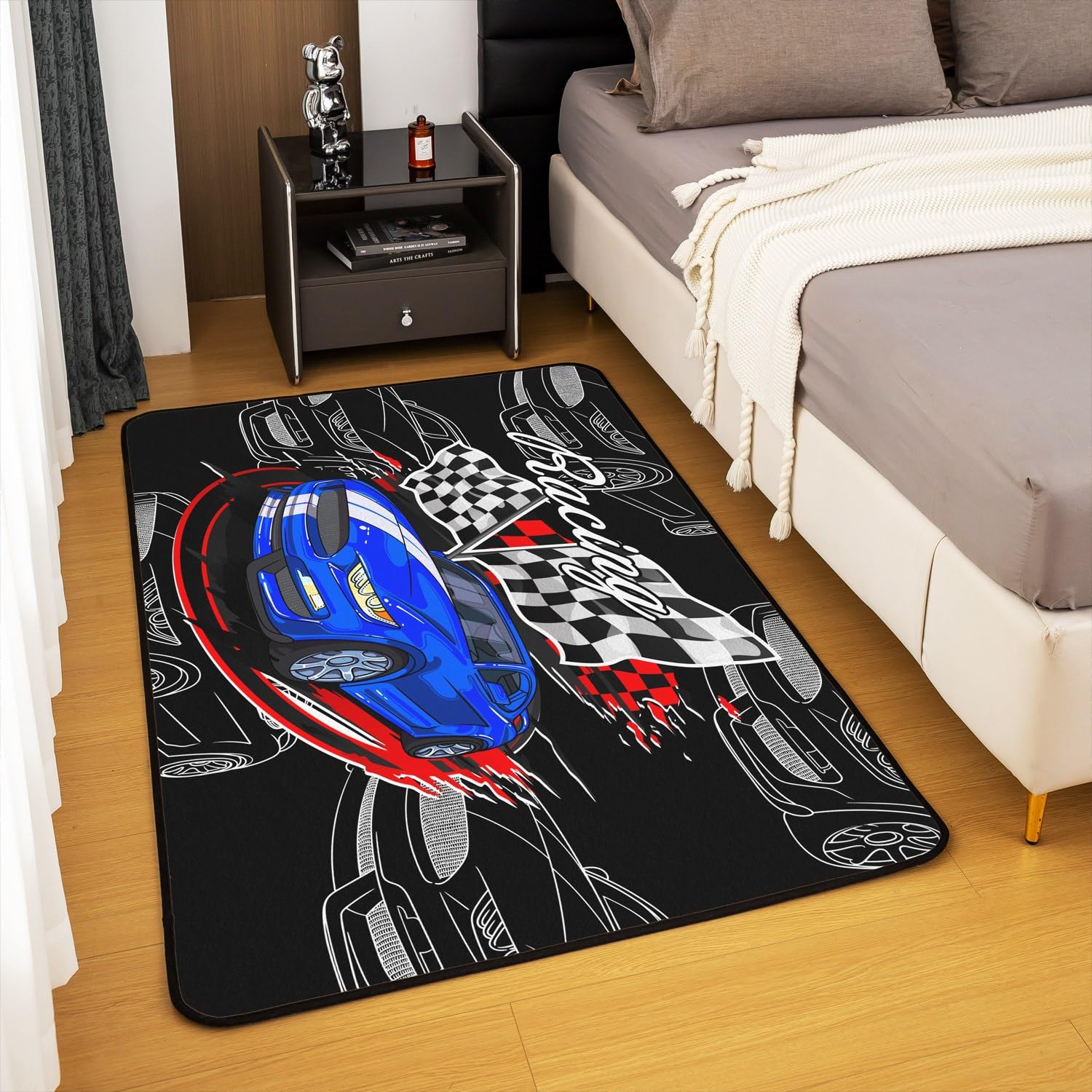 Niebieski dywan do samochodu wyścigowego, 100 cm x 150 cm x 1 cm, kreskówka, czarno-biała flaga konkursu, antypoślizgowy dywan do salonu, sporty ekstremalne, nowoczesna mata podłogowa do wnętrz na