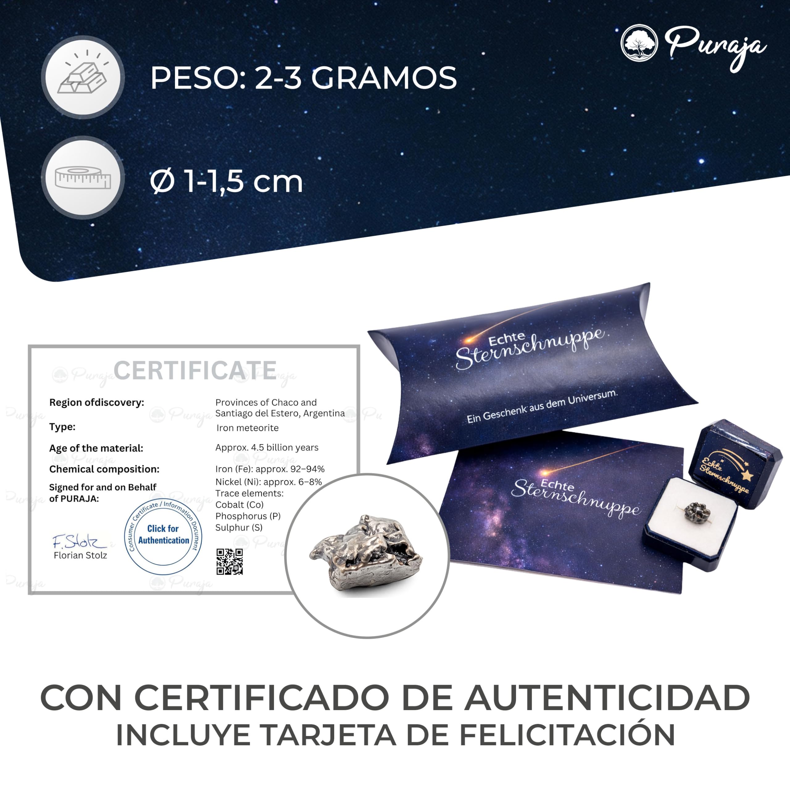 PURAJA Meteorito Estrella fugaz auténtica con Certificado | Regalo para cumpleaños, Bodas, Aniversarios | Amuleto de la Suerte
