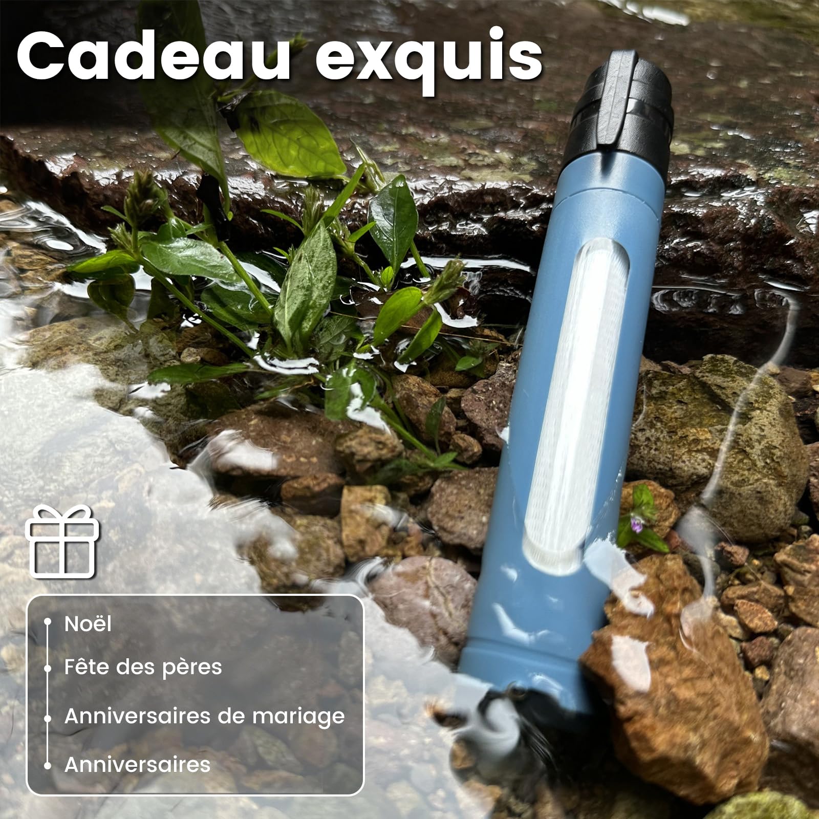 Paille Filtrante Survie 0.01µm Filtre Eau Portable avec Fenêtre de Visualisation Élimine 99.99% des Impuretés 3000L de Filtration Léger 50g Pour Camping Randonnée Urgence Voyage (Bleu * 4)