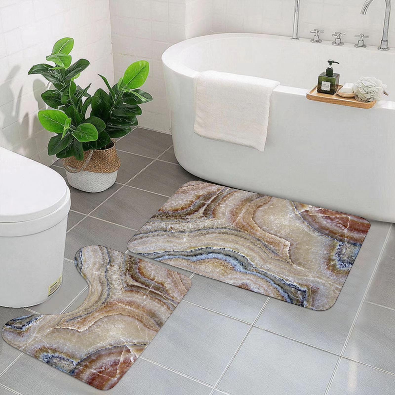 Badezimmerteppich Set 2 Teilig Waschbar rutschfeste Badematte Toilettenmatte Weich Saugfähige Badteppiche,Marmor, surreales Onyxstein-Oberflächenmuster, hellblau. Details. Künstlerisches Bild,