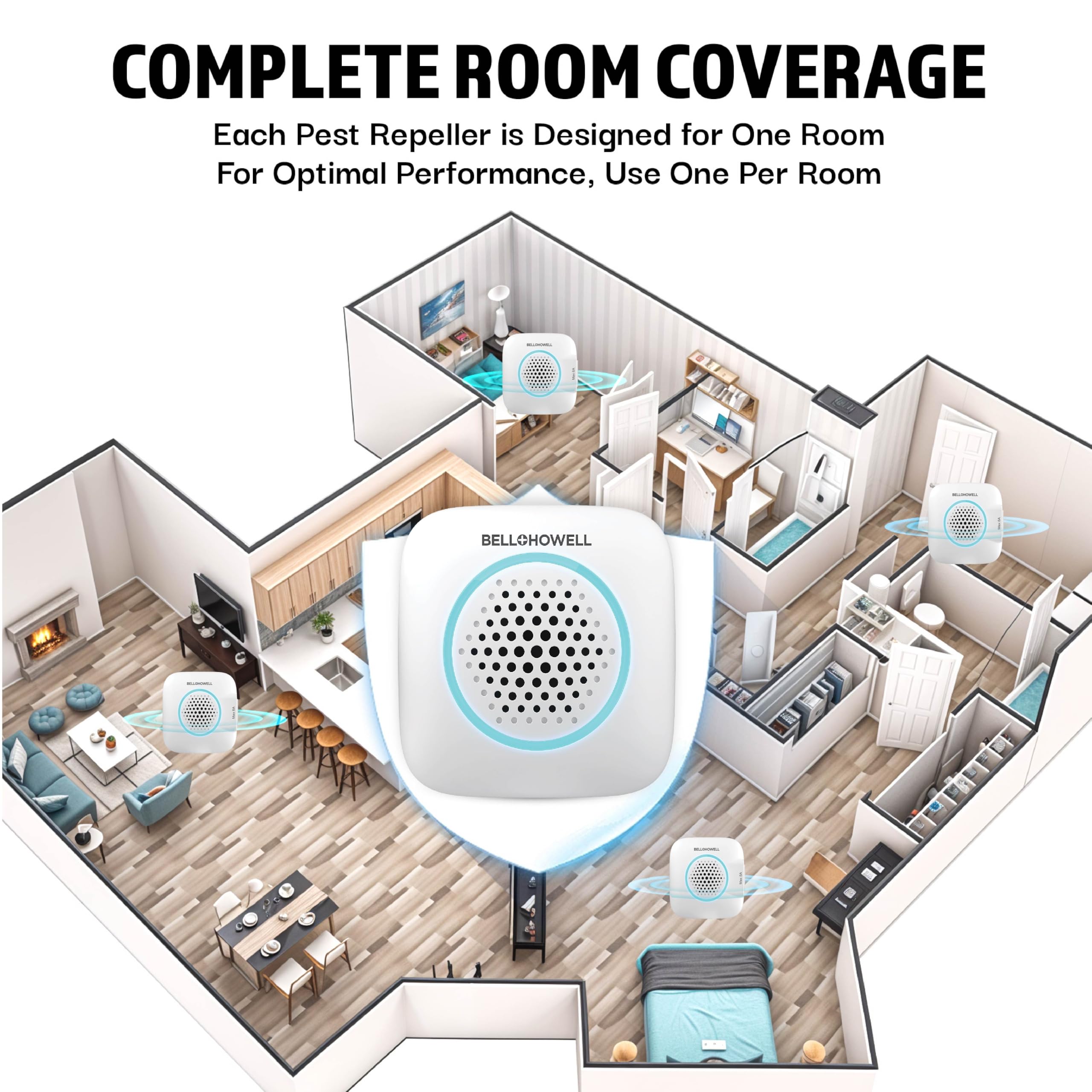 Bell+Howell Repelente ultrasónico para interiores, 4 unidades, kit antimurciélagos y arañas enchufable