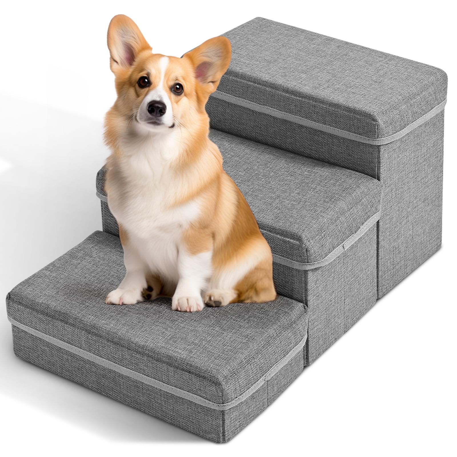 Escalera Perro, Escalera para Mascotas Rampa de 3 Peldaños para Perros Gatos con Cajas de Almacenamiento, Escalera para Perros Plegable para Subir a la Cama y Sofá