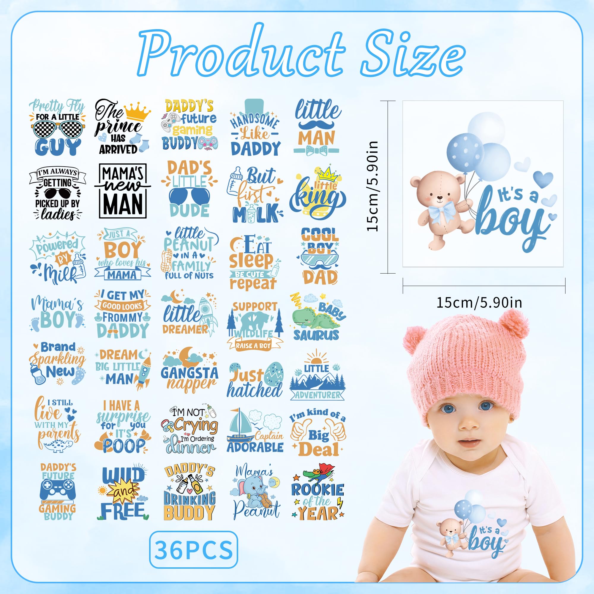 36 hojas de juegos de baby shower, transferencias termoadhesivas para camisetas, lindas transferencias DTF para bebé, transferencias de calor listas para presionar, parches de vinilo para