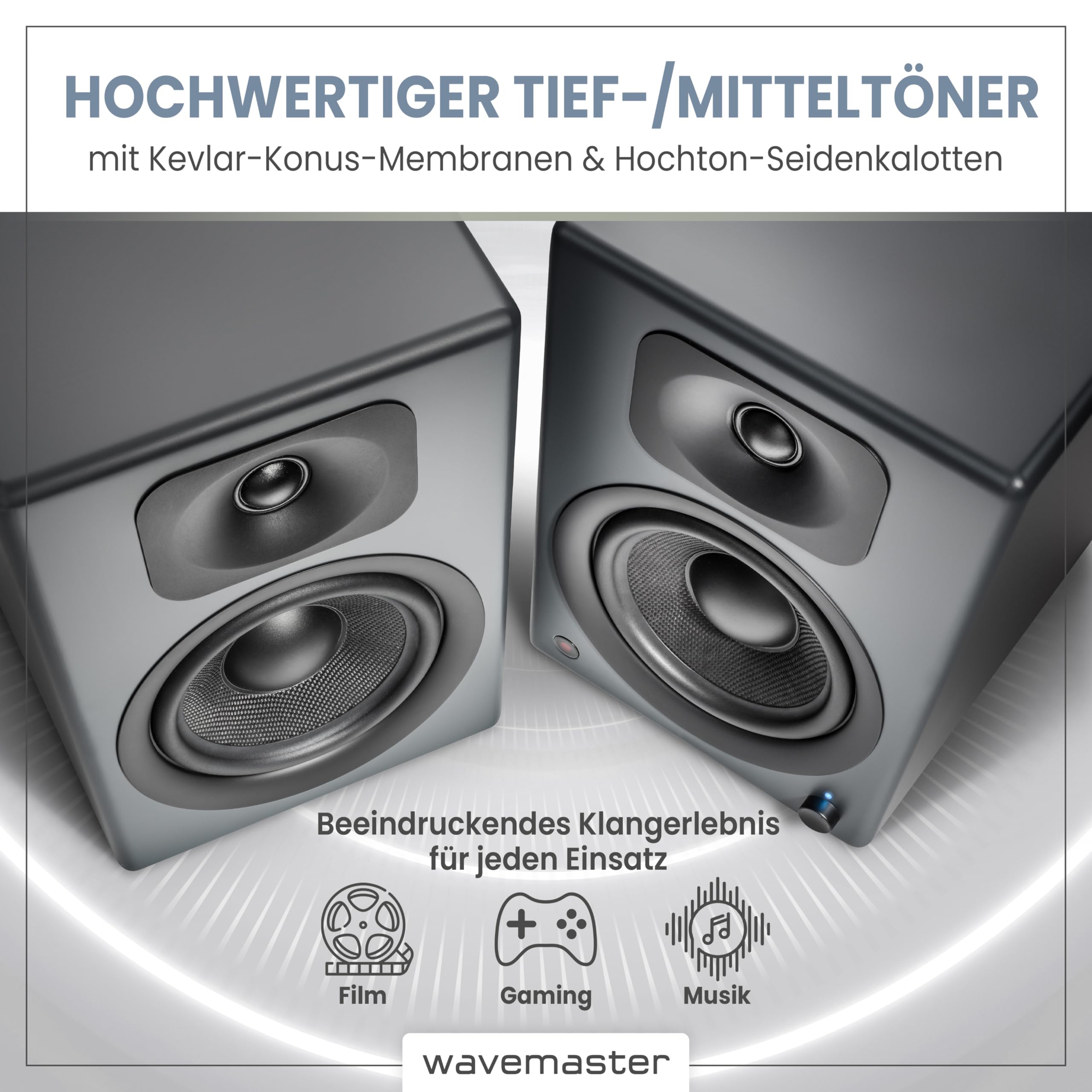 Wavemaster TWO PRO Stone Gray Aktiv-Boxen 110 Watt Bluetooth Lautsprecher-System mit IR-Fernbedienung