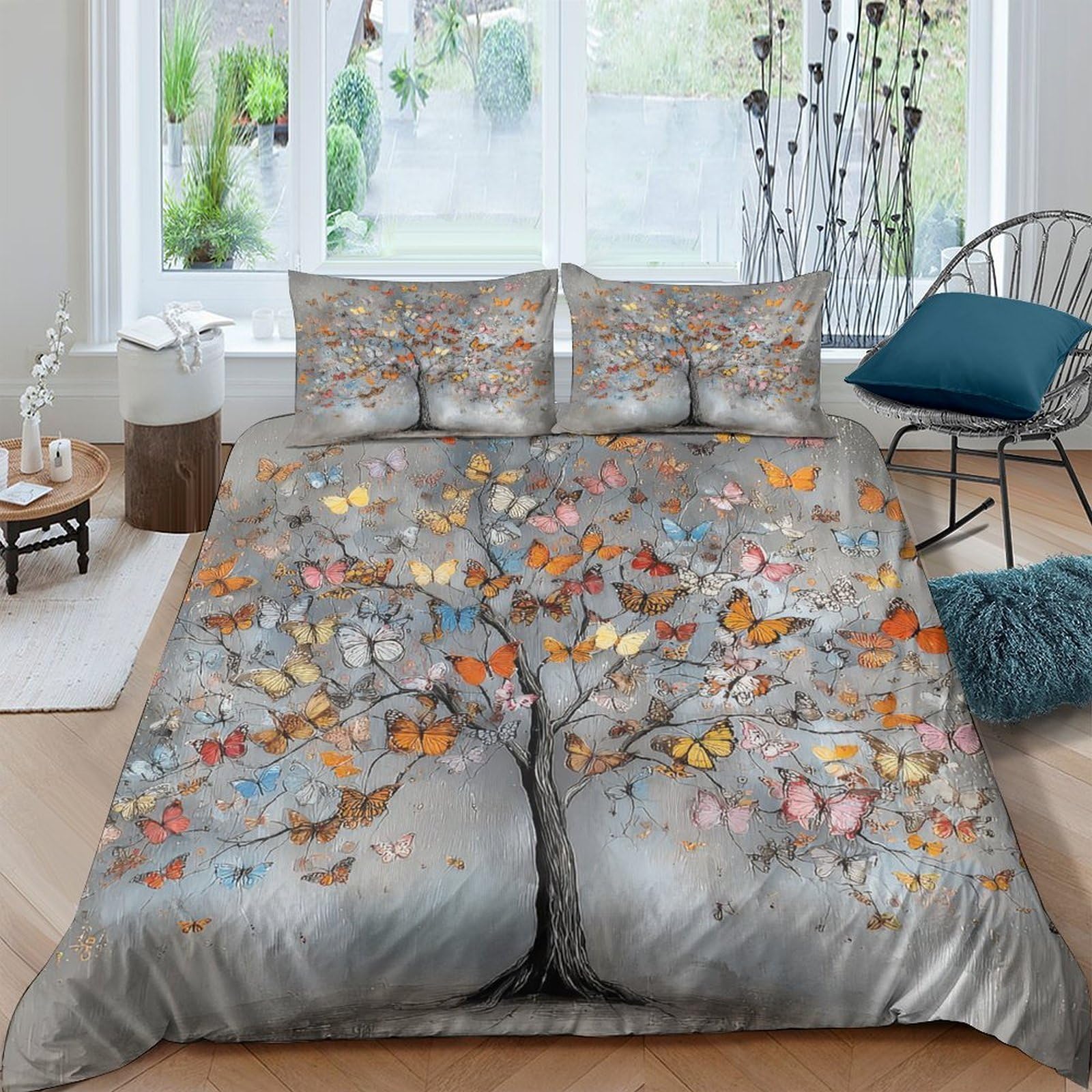 Ctjqhvkz Style-10 3D Printed Butterfly Forest Fitted Sheet Microfiber Soft Grey Autumn Leaves Mattress Cover For Bedroom Decor Single（135X200cm）