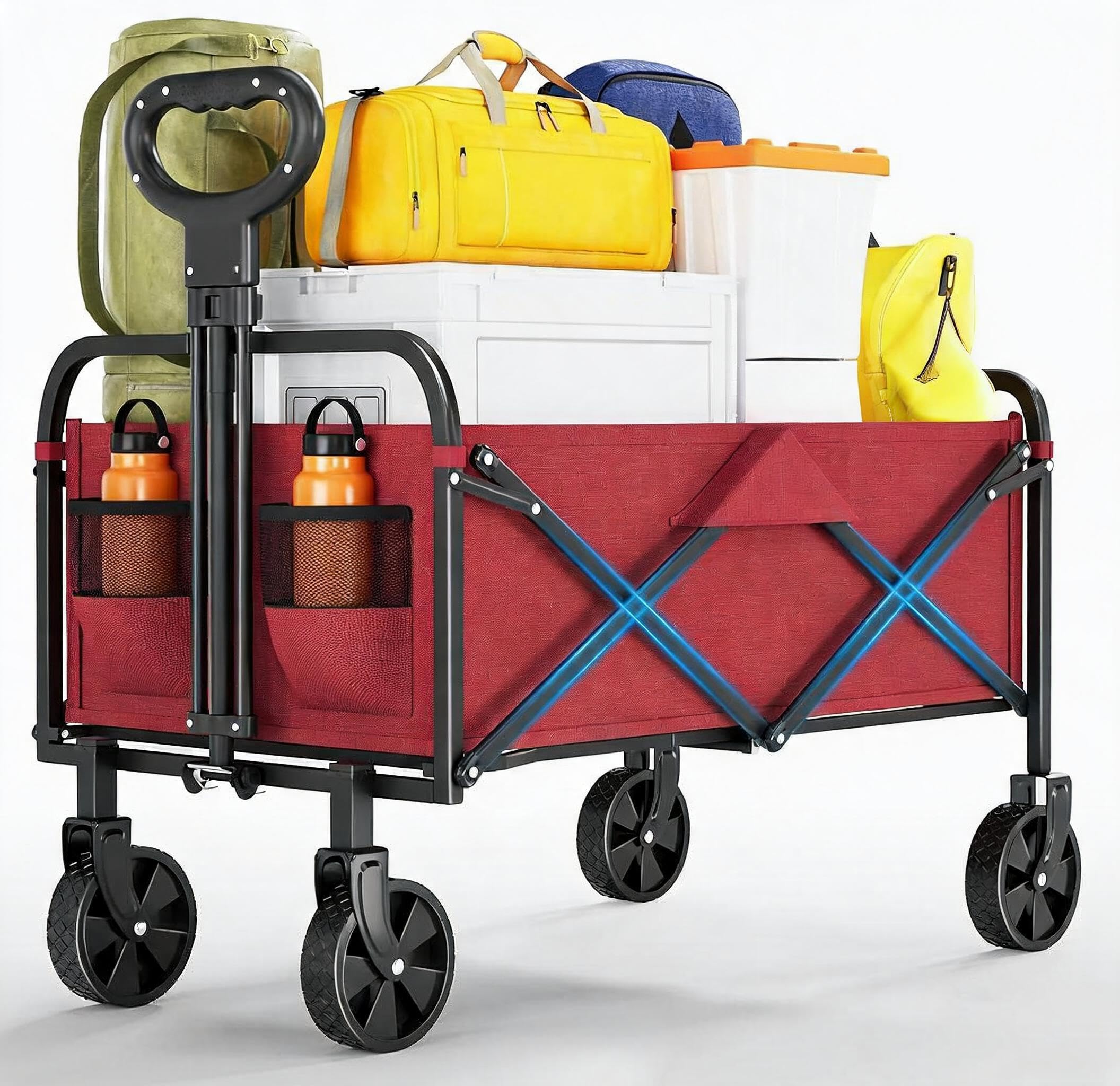 Foldable Utility Wagon Carts with All-Terrain Wheels, Adjustable Handle, Drink Holders, 220 LBS Capacity, Collapsible Cart for Shopping, Camping, Gardening, Red
