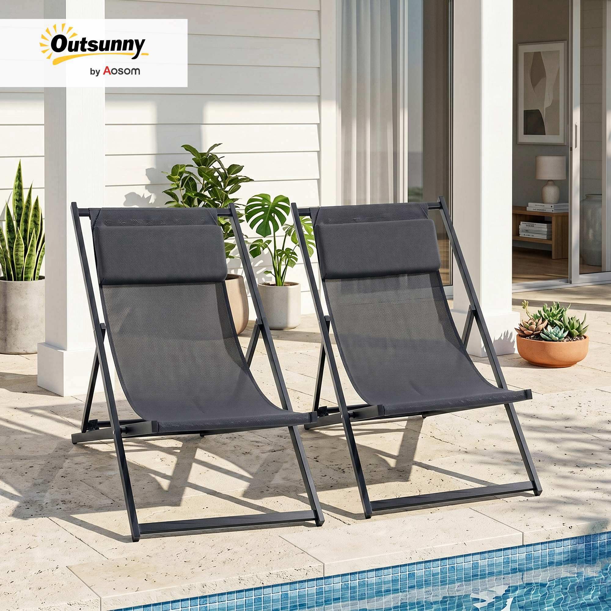Outsunny Lot de 2 Bain de Soleil, Chaise Longue Pliante avec appuie-tête en textilène, transat Jardin extérieur inclinable de Plage Camping Piscine terrasse, 60 x 100 x 85 cm, Gris foncé
