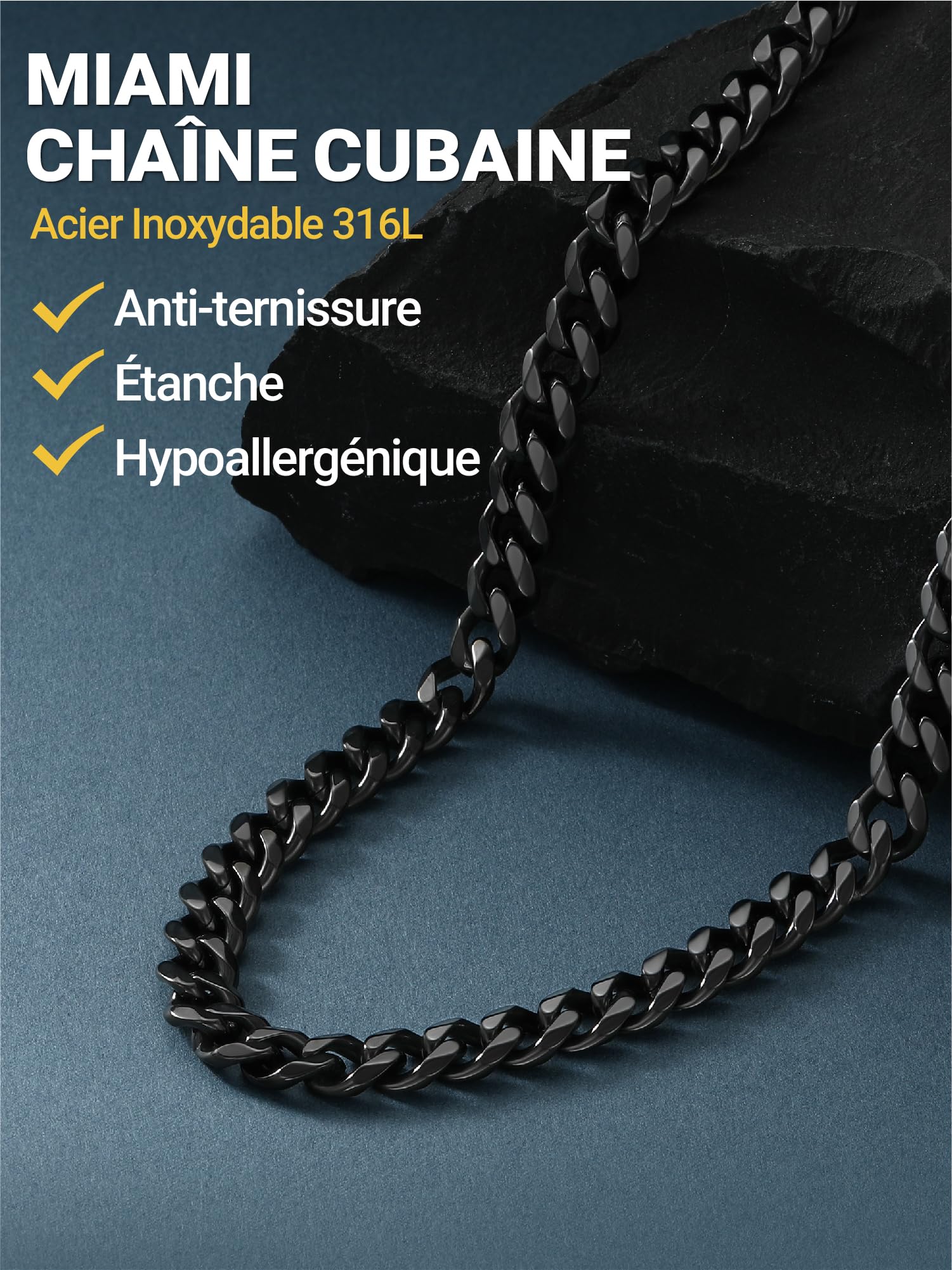 PROSTEEL Collier Homme Chaine Acier Inoxydable/Plaqué Or, Collier Chaine Cubaine Homme Noir, 6/9/12 mm de Large, Longueur de 46/51/55/61/66/71/76 cm, Bijou Hip Hop