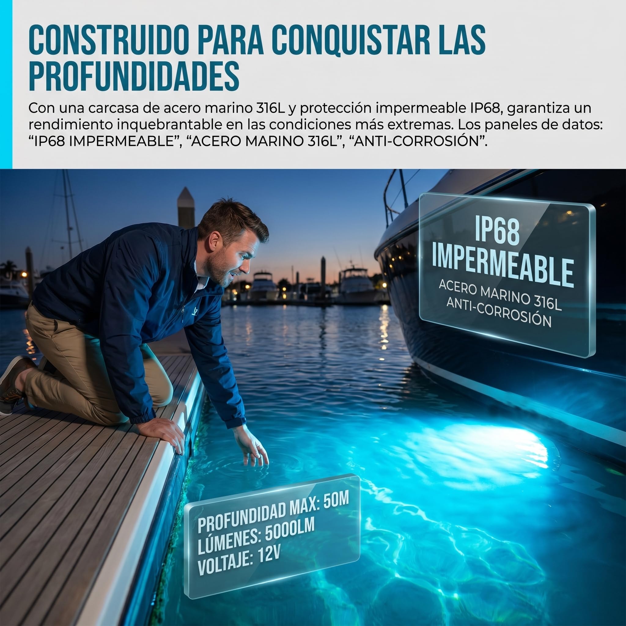 BARCELONA LED RGB Unterwasser LED Strahler 30W 12V IP68 für Boote, marine Edelstahl AISI 316L, wasserdichter nautischer Scheinwerfer, Poolbeleuchtung multicolor Unterwasserlicht