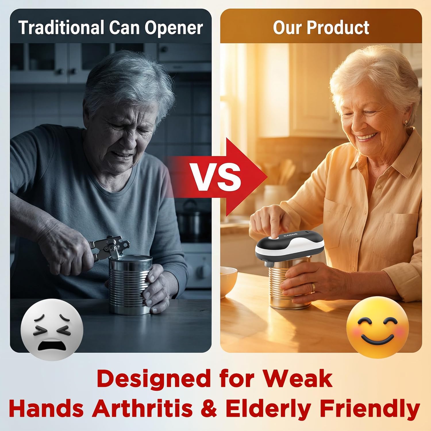 CACOE Automatic Smart Electric Can Opener with Auto Stop & USB-C Charging - Cordless Can Opener for Elderly and Arthritic Users for Seniors & Arthritis, Effortless One-Touch Open (black)