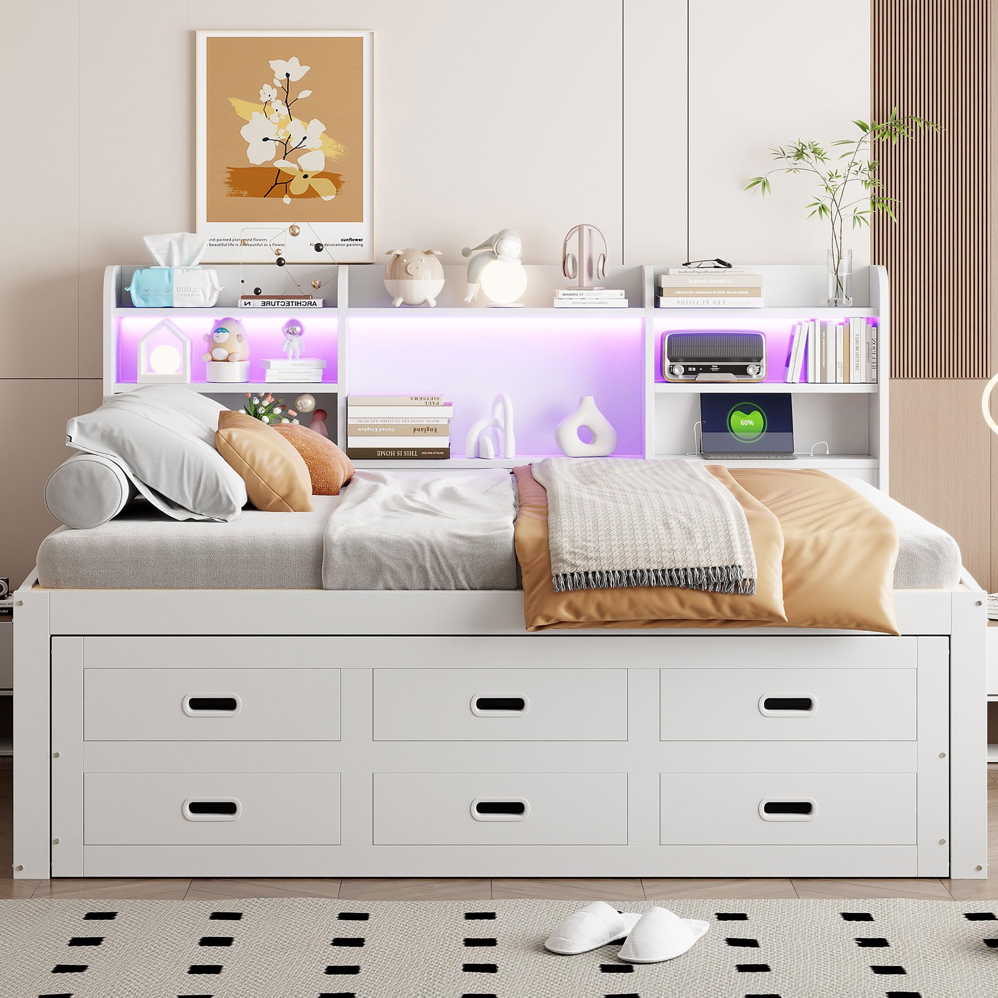 cama de día juvenil 140 x 200 cm con cama nido y 3 cajones, individual LE/D, varios compartimentos y función US/B, tablero de partículas (sin colchón, blanco)