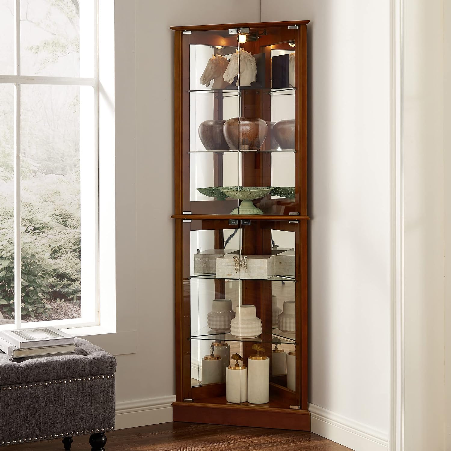 GOOD & GRACIOUS Corner Curio Cabinet with Lights, Adjustable Tempered Glass Shelves, Mirrored Back, Display Cabinet,Walnut