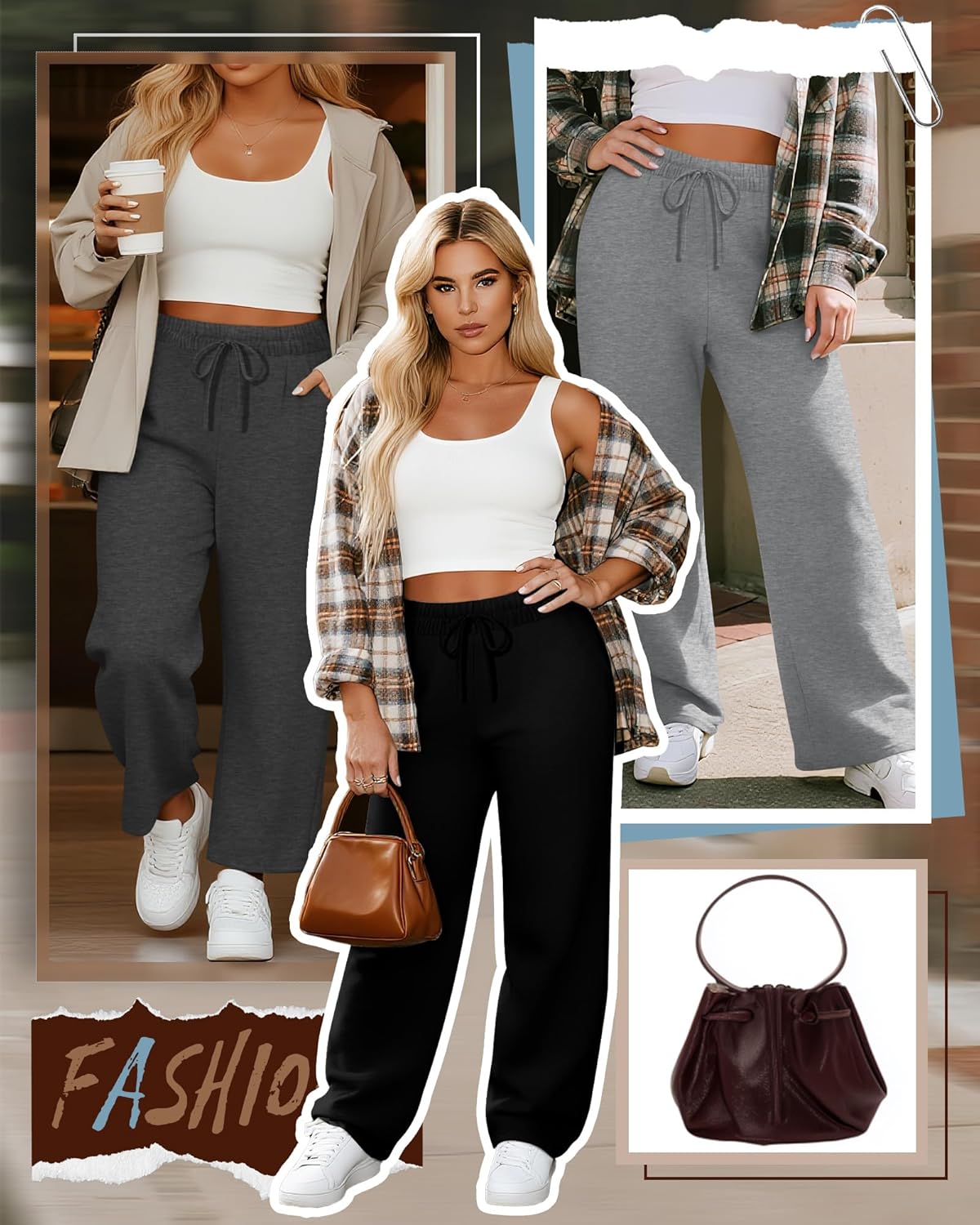 Neer 3 Pack Women's Plus Size Wide Leg Pants, Elastic Waist Lounge Pants with Pockets Drawstring Casual Pj Yoga Sweatpants - Image 3